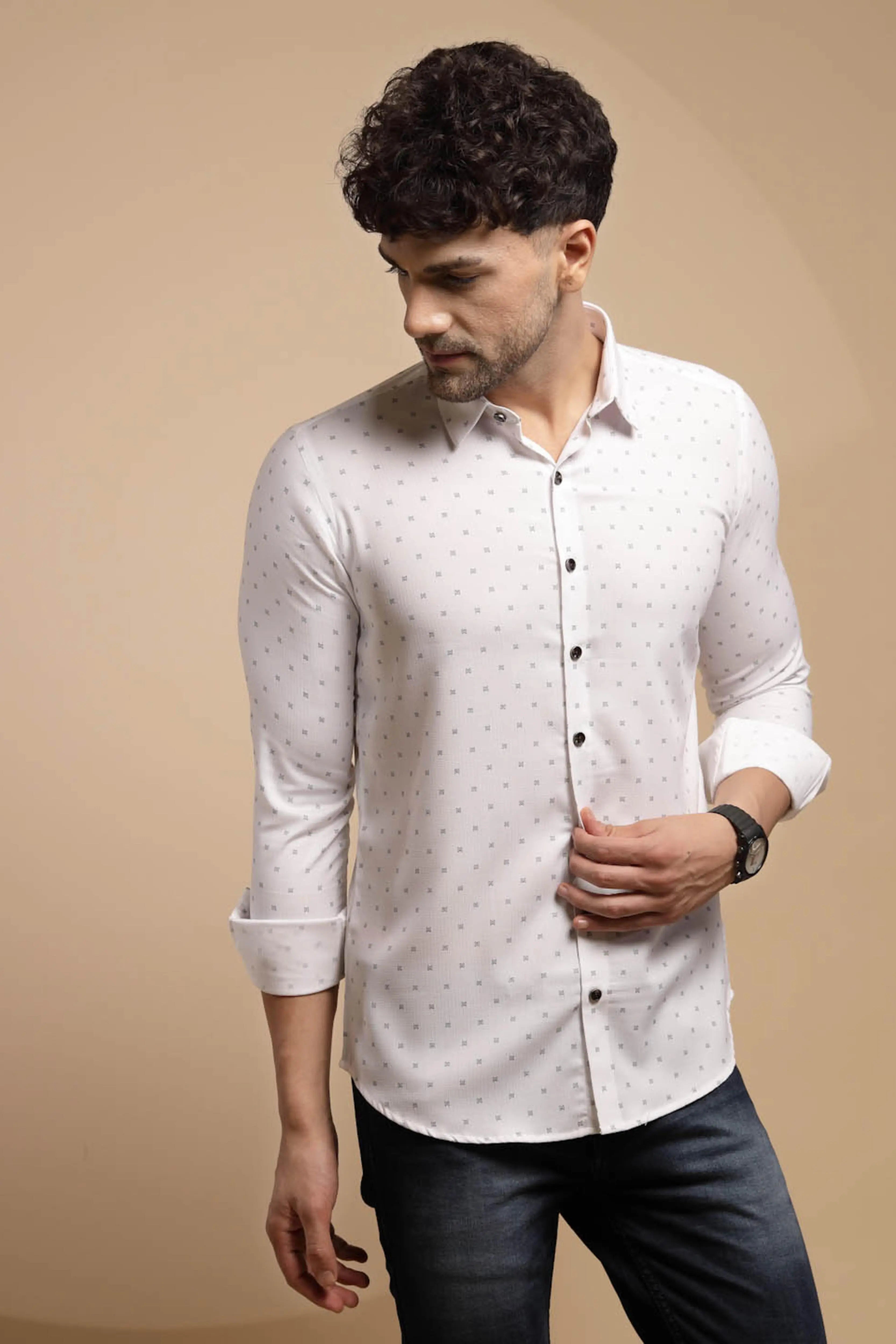White Printed Full Sleeve Collared Neck Shirt - Global Republic