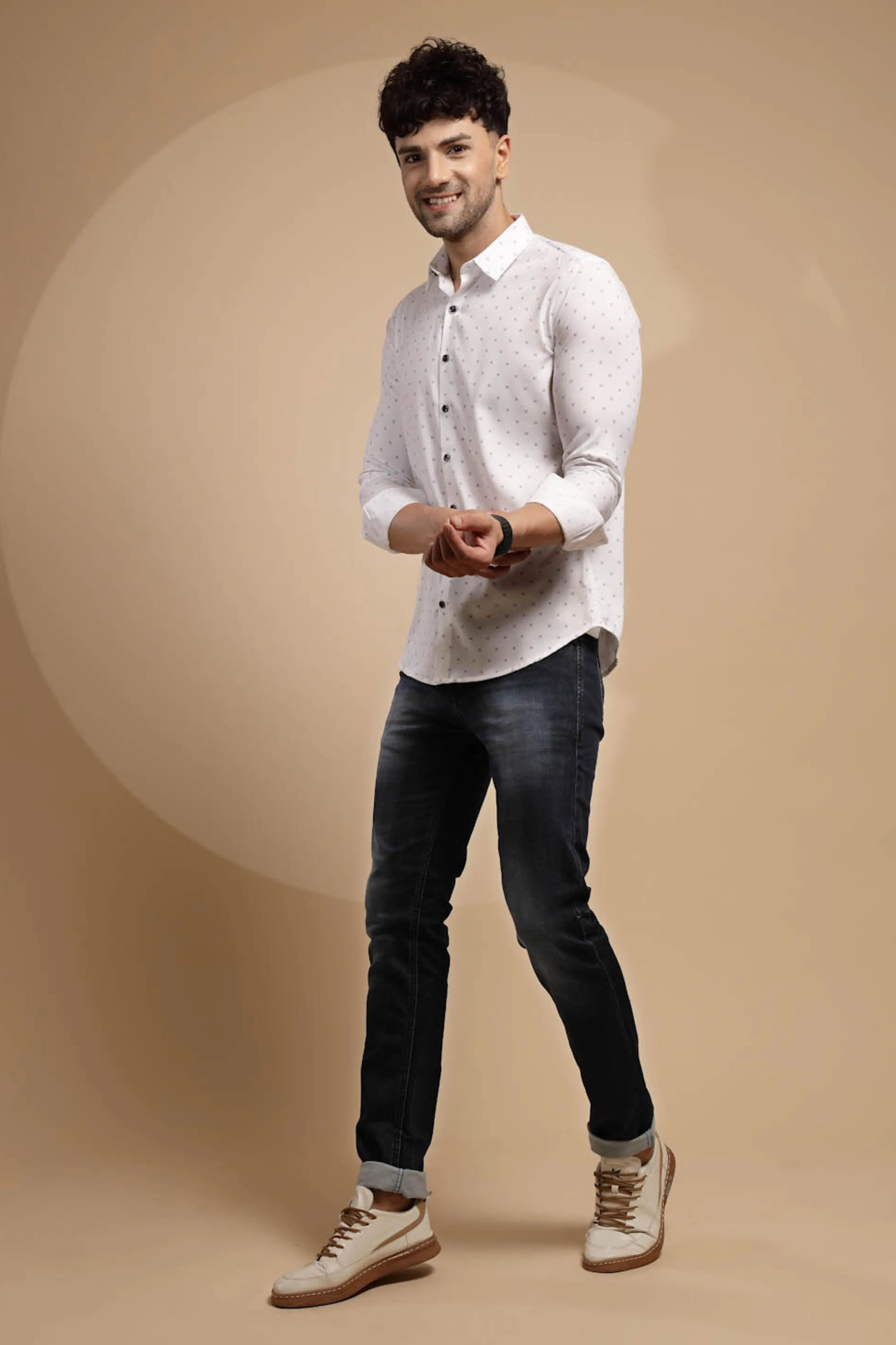 White Printed Full Sleeve Collared Neck Shirt - Global Republic