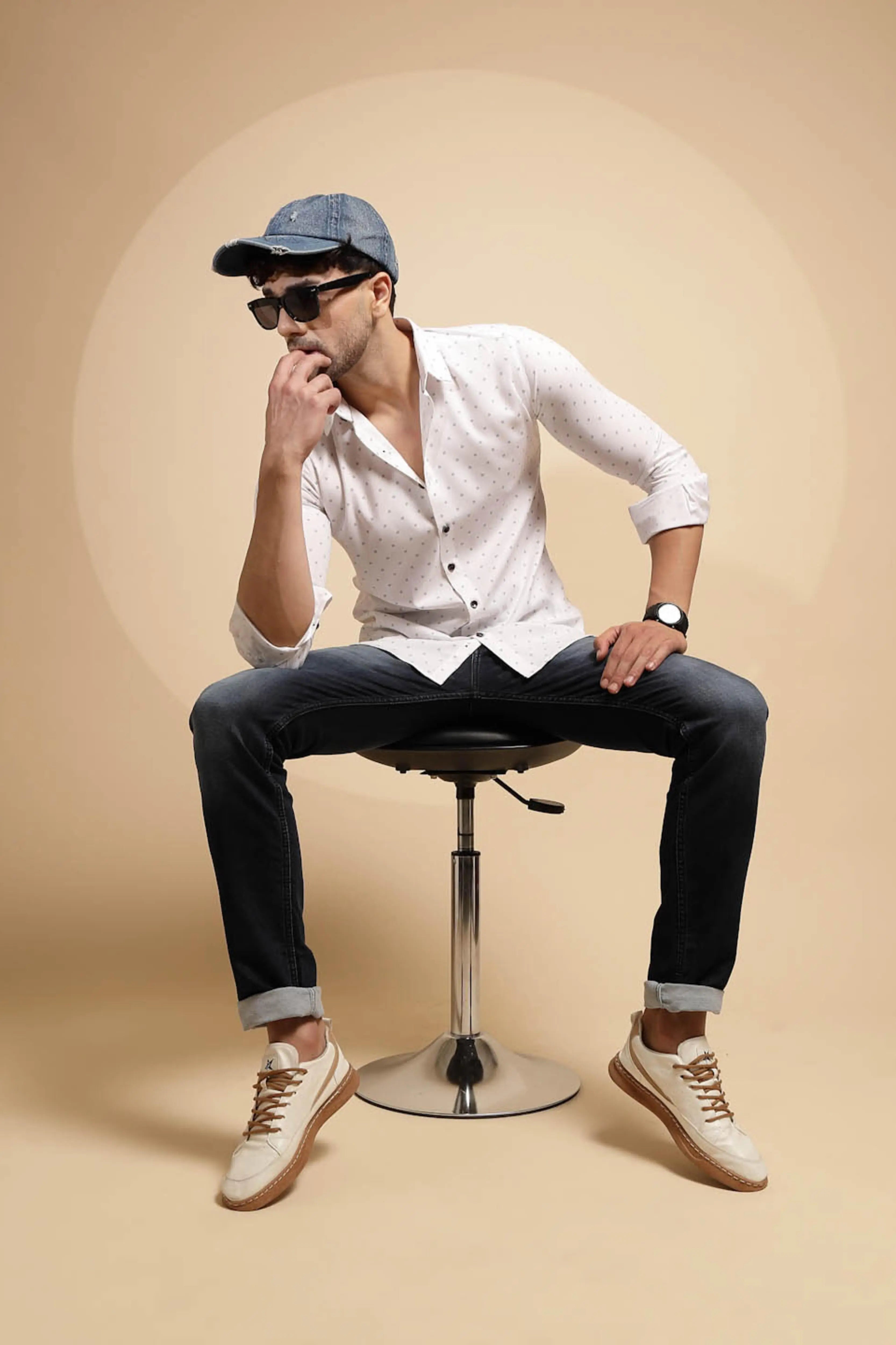 White Printed Full Sleeve Collared Neck Shirt - Global Republic