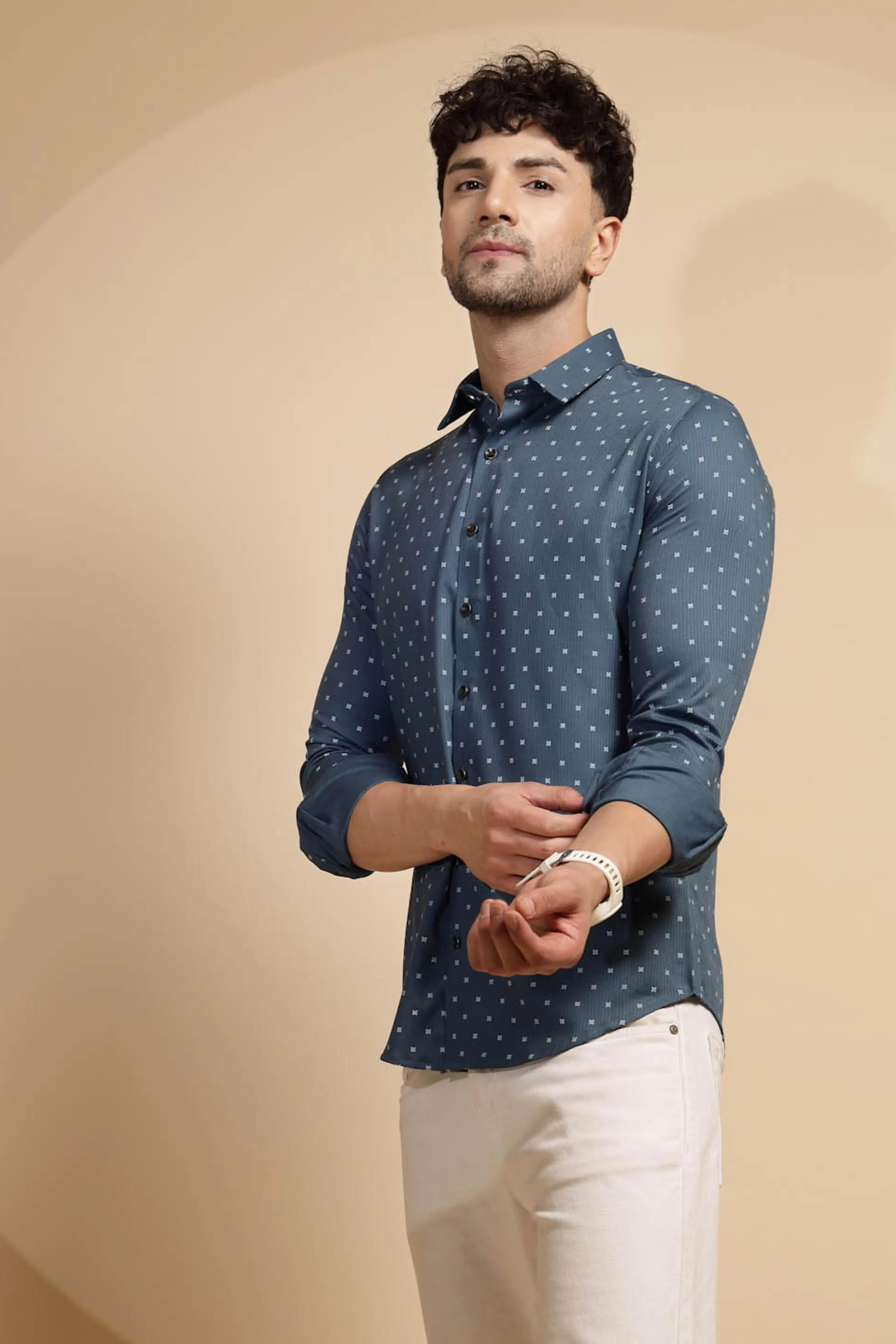 Blue Printed Full Sleeve Collared Neck  Shirt - Global Republic
