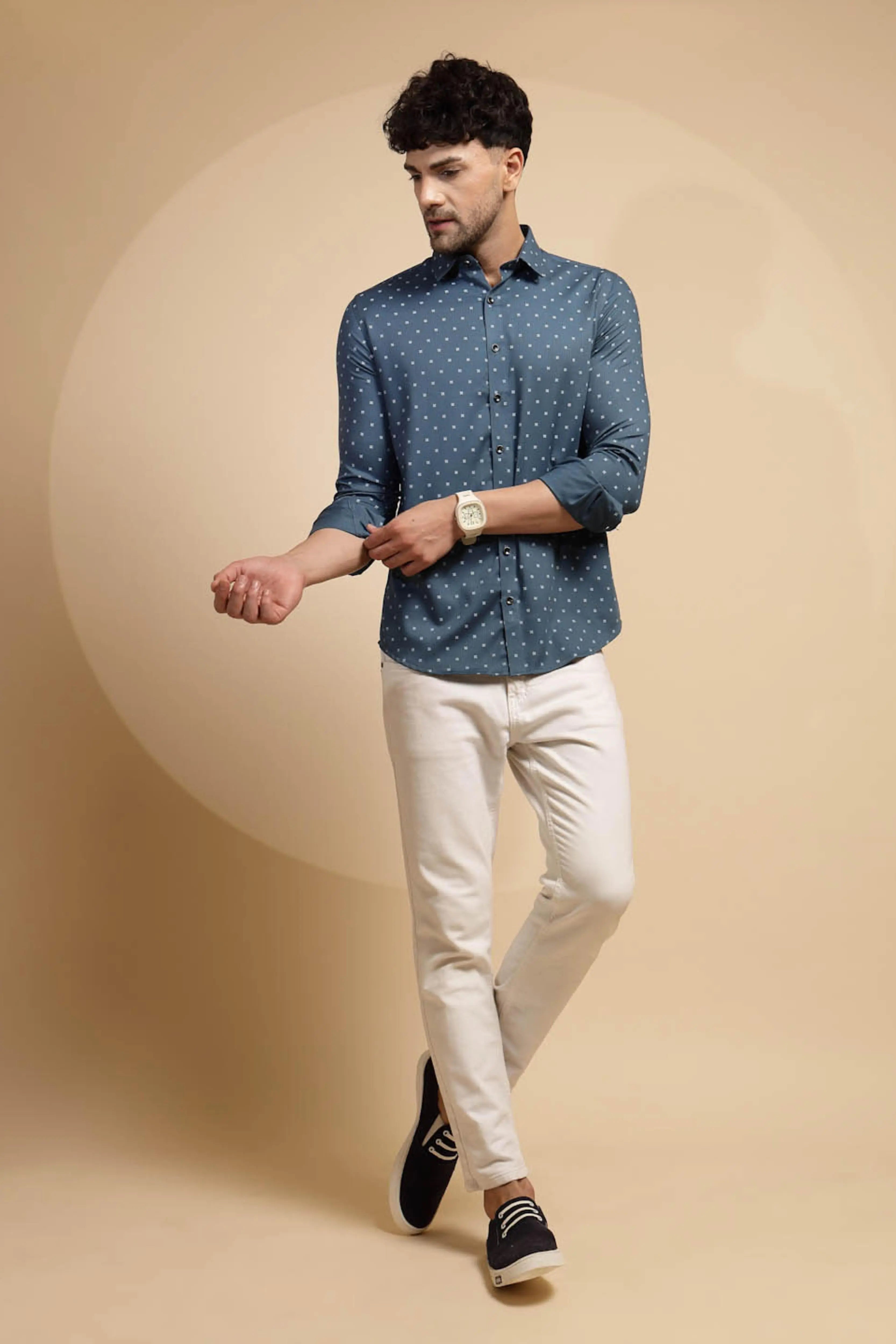 Blue Printed Full Sleeve Collared Neck Shirt - Global Republic