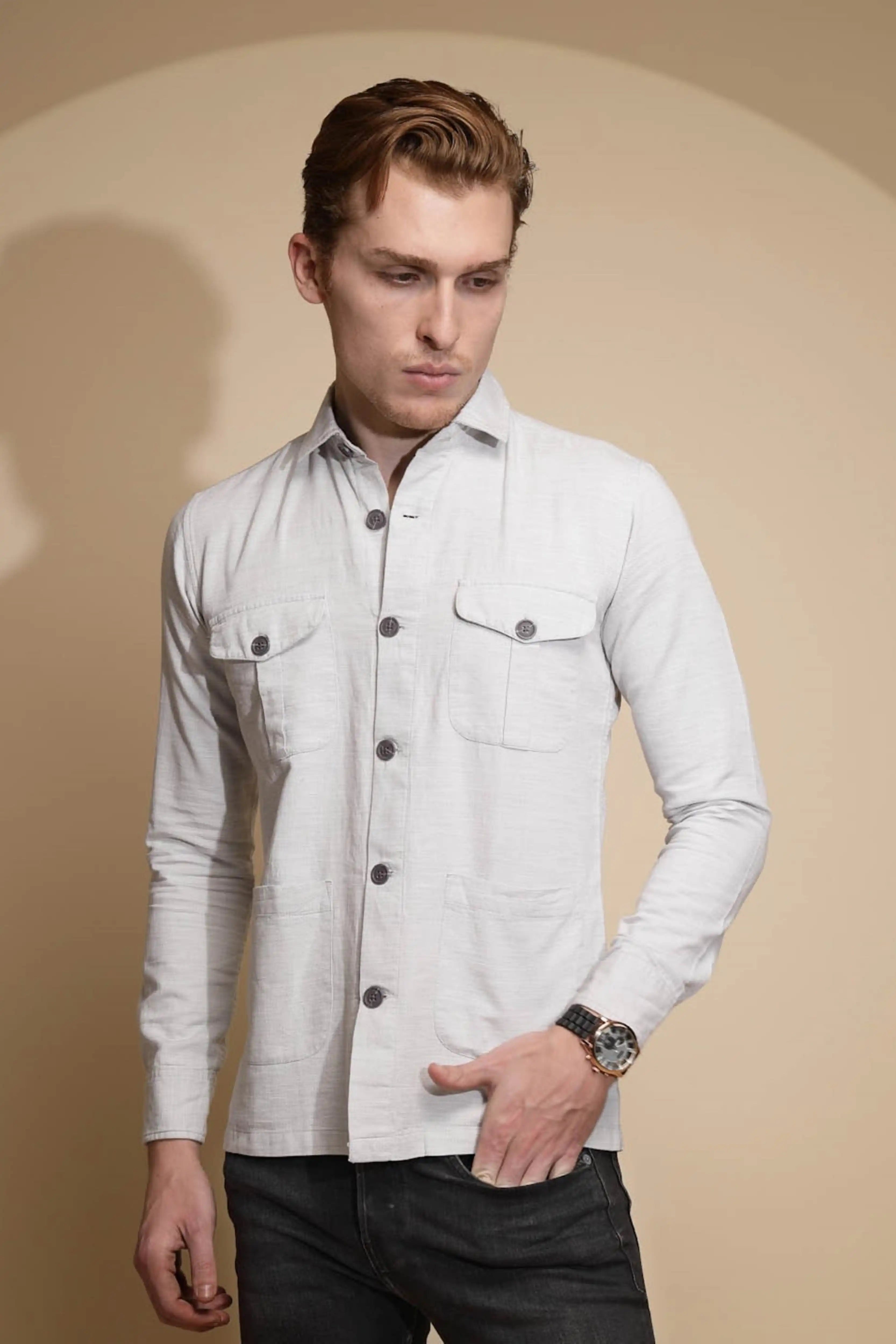 Grey Solid Cotton Shacket