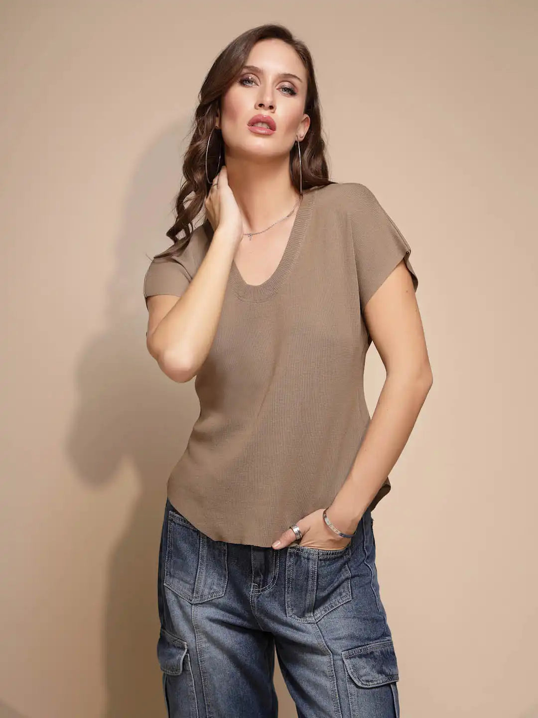 Solid Half Sleeve U-Neck Top - Global Republic