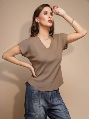 Brown Solid Half Sleeve Polyester Top