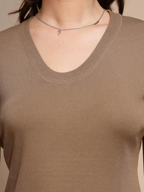 Brown Solid Half Sleeve Polyester Top