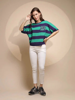 Green Striped Half Sleeve Polyester Top