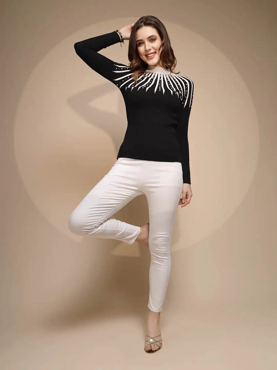 Women Black Solid Turtleneck Regular Fit Pullover - Global Republic