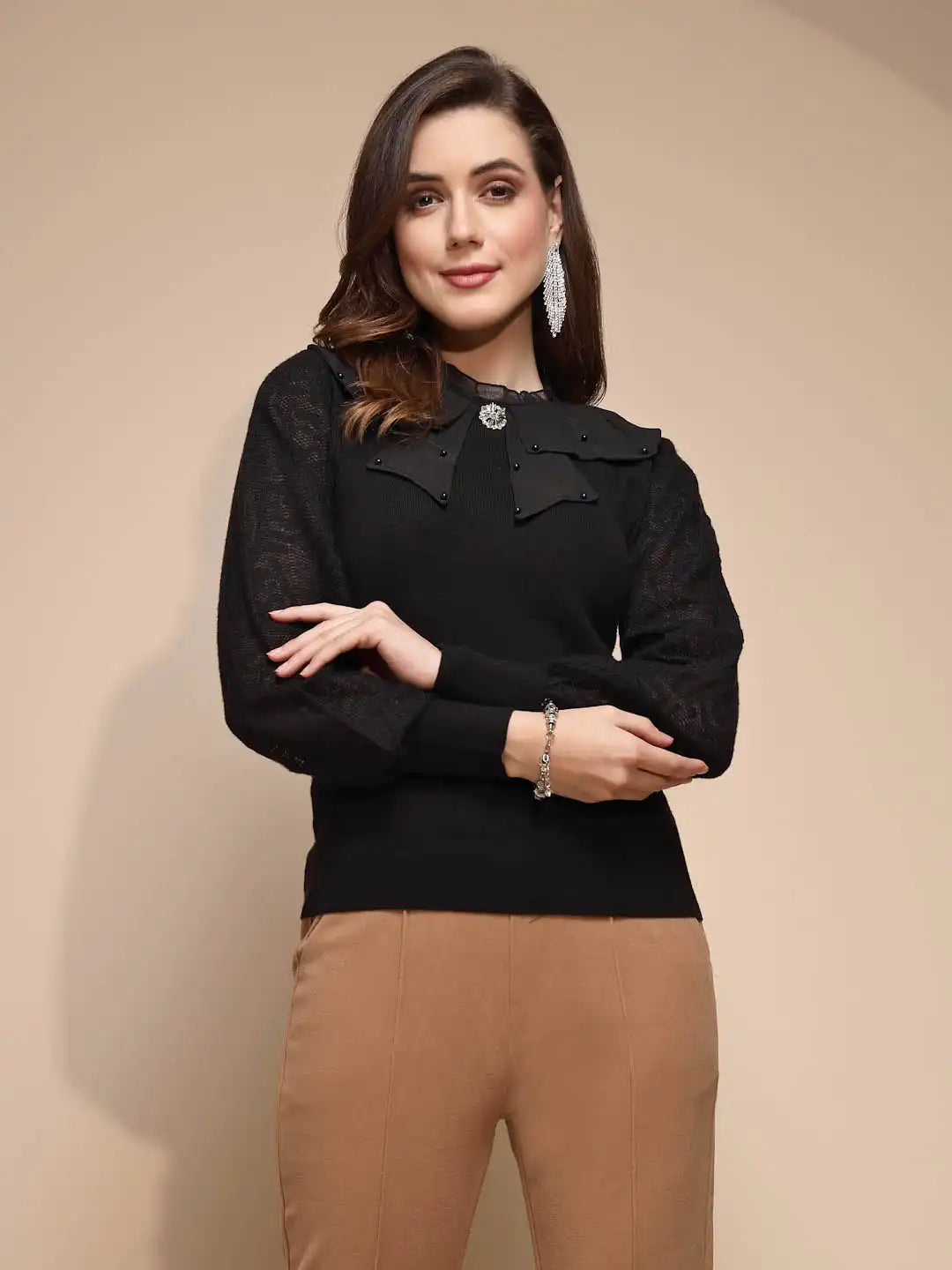 Black Solid Turtleneck Acrylic Pullover