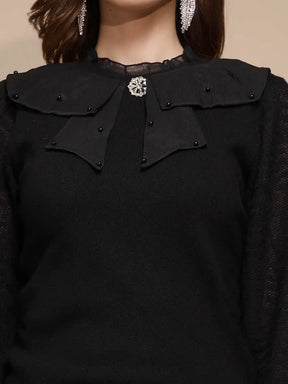 Women Black Solid Turtleneck Casual Pullover