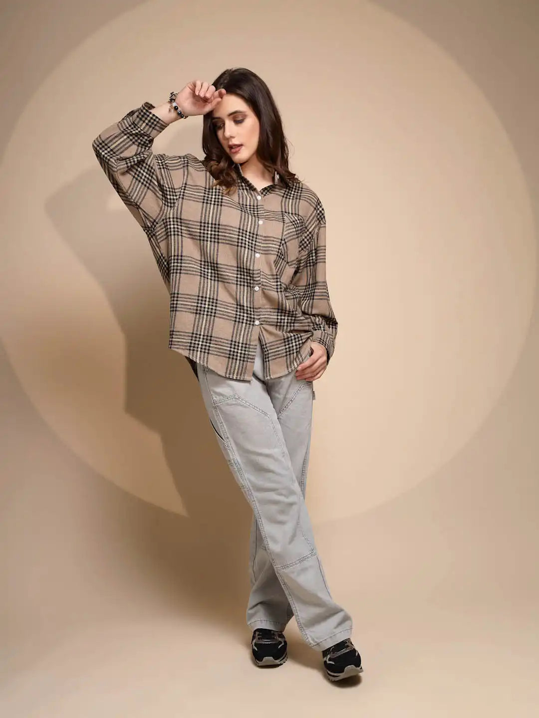 Beige Solid Collared Neck Cotton Check Shirt