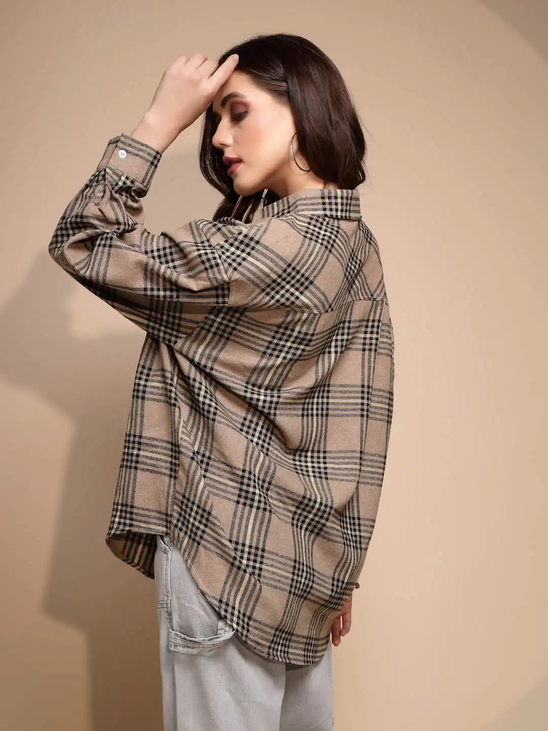 Beige Solid Collared Neck Cotton Check Shirt