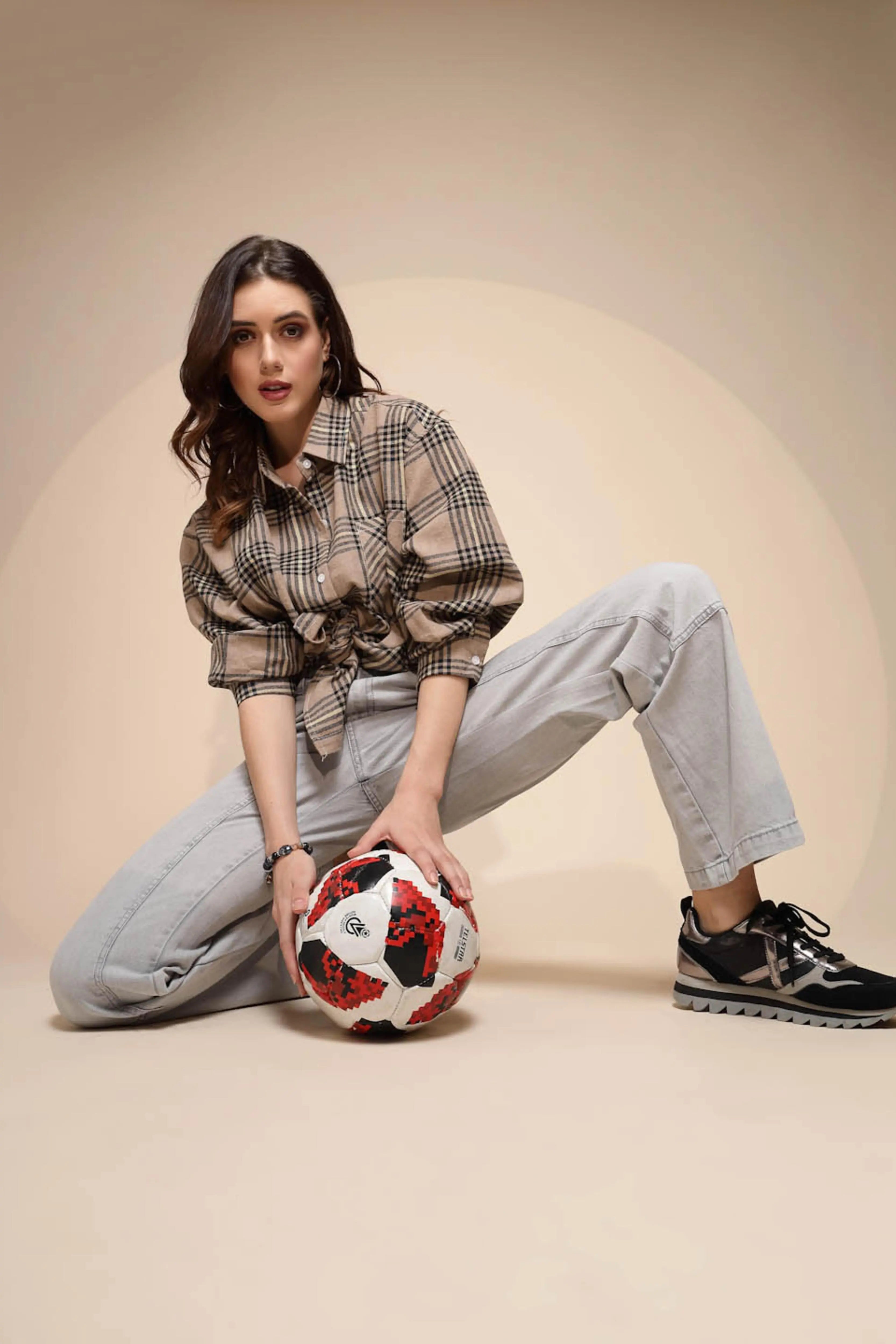 Beige Solid Collared Neck Cotton Check Shirt - Global Republic