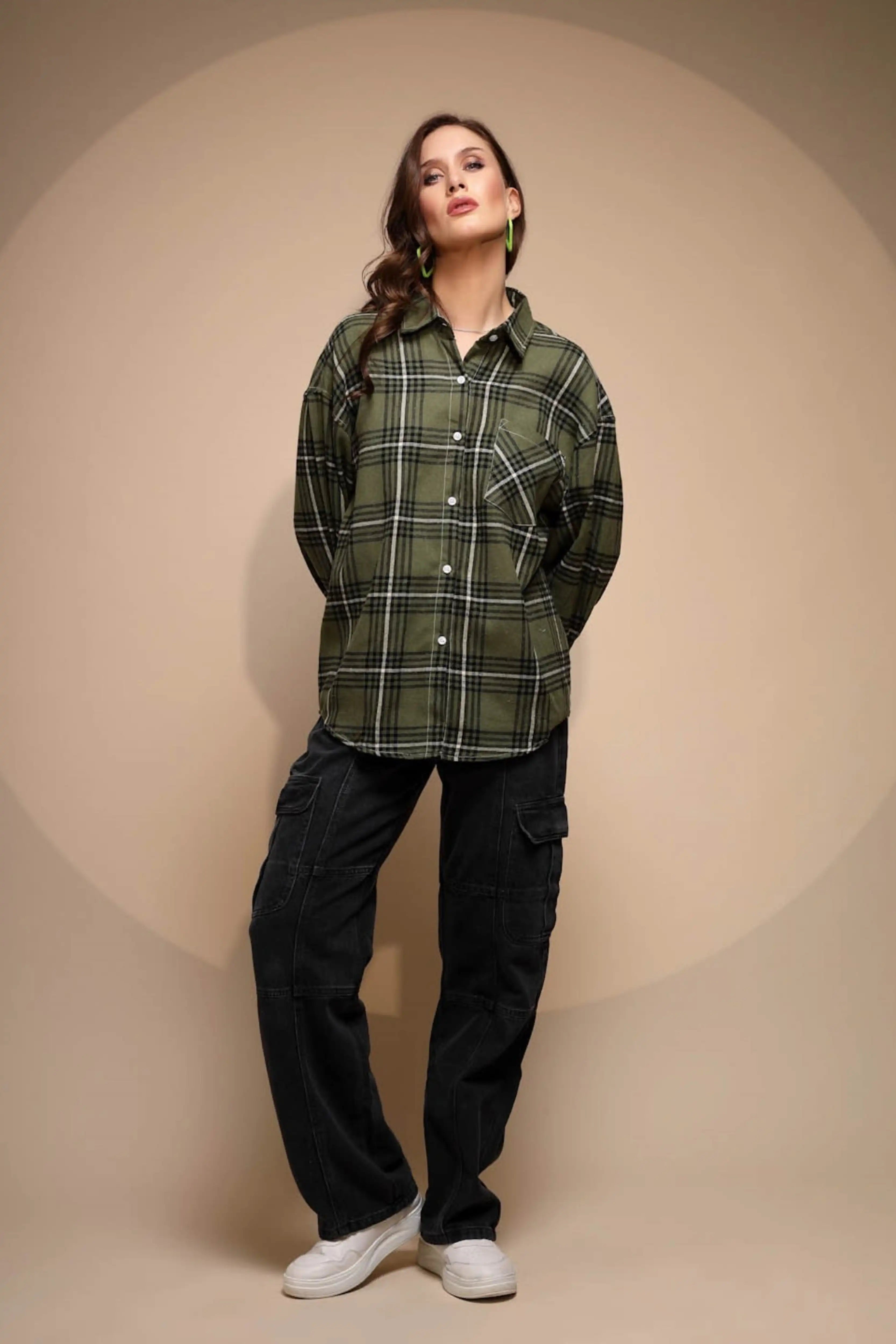 Green Check Loose Cotton Shirt