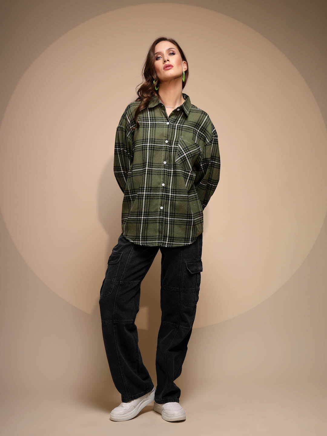 Green Check Loose Cotton Shirt