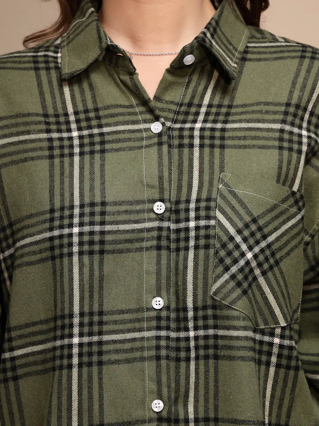Green Solid Collared Neck Cotton  Check Shirt