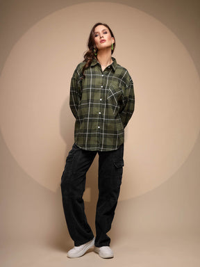Green Check Loose Cotton Shirt