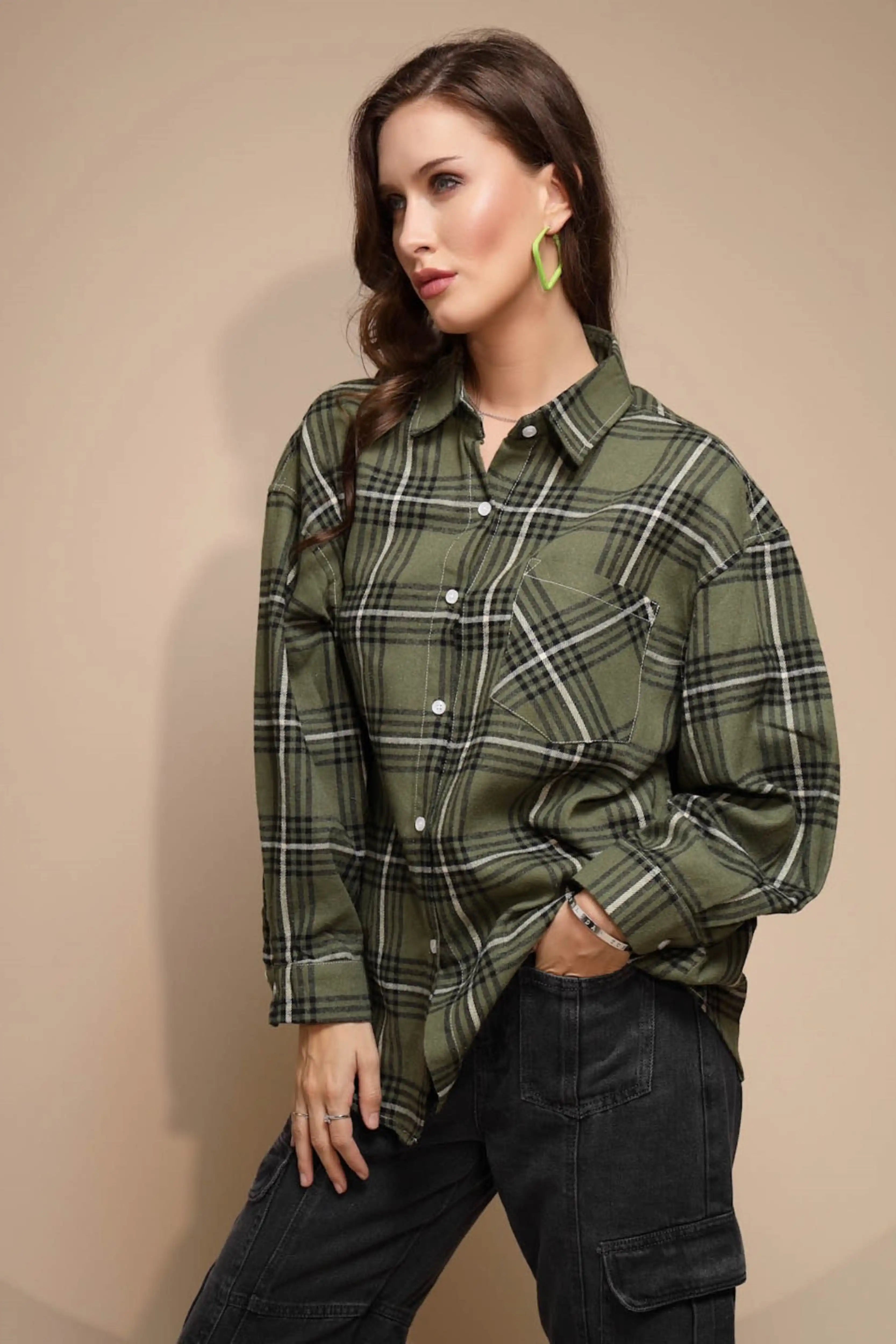 Green Check Loose Cotton Shirt