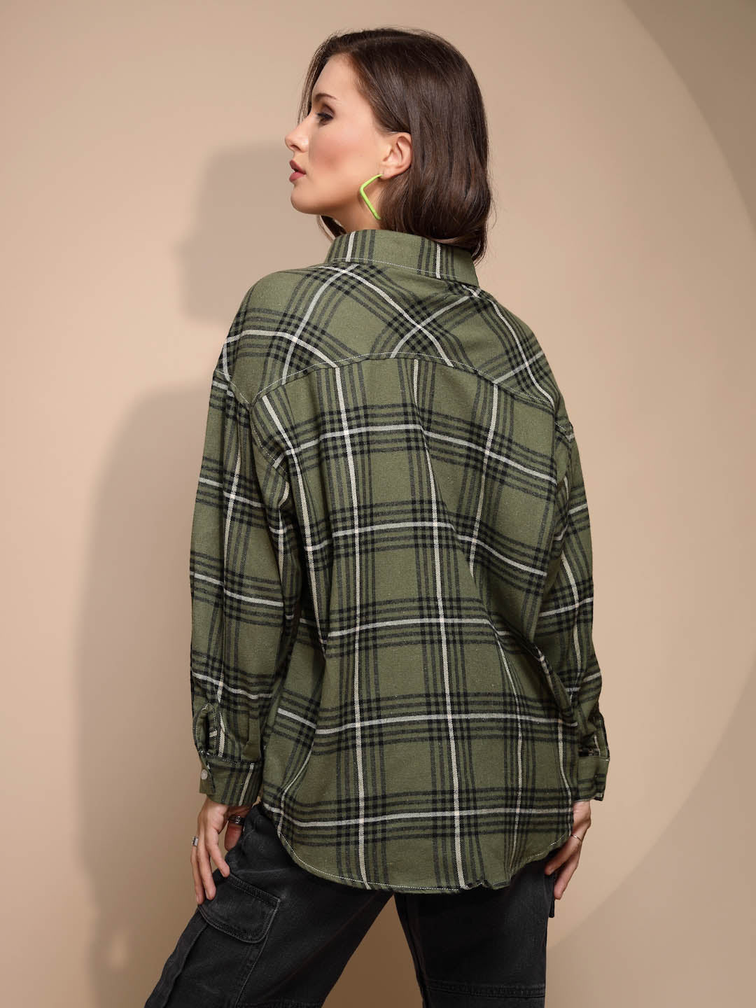 Green Check Loose Cotton Shirt