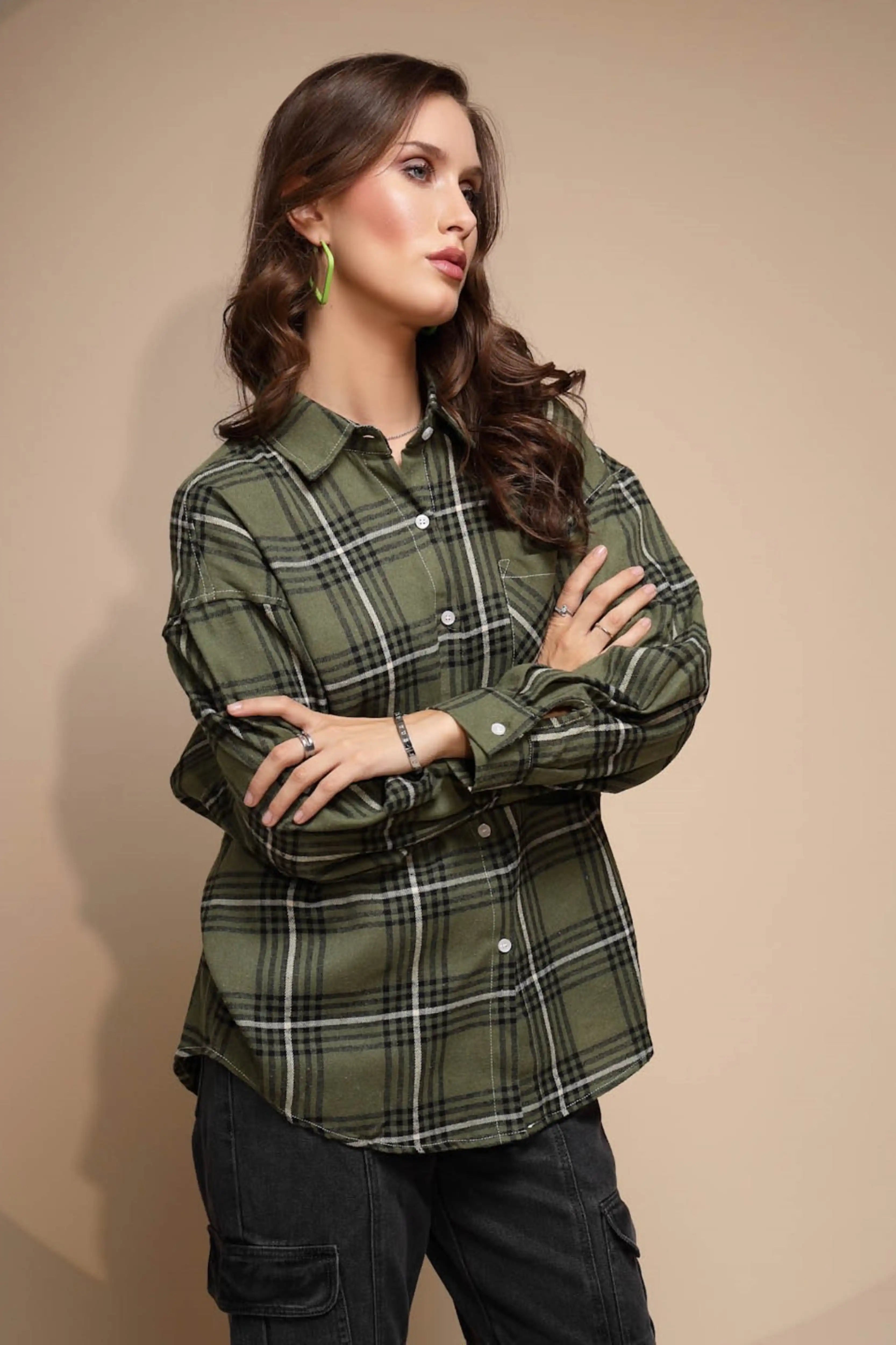 Green Check Loose Cotton Shirt