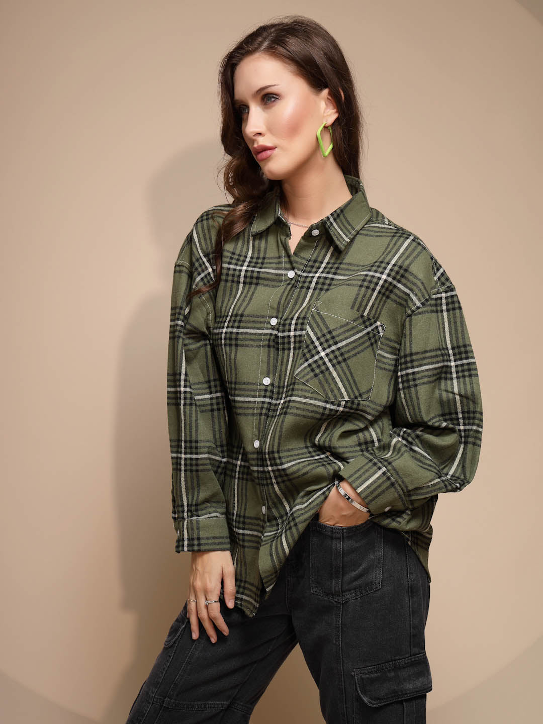 Green Check Loose Cotton Shirt