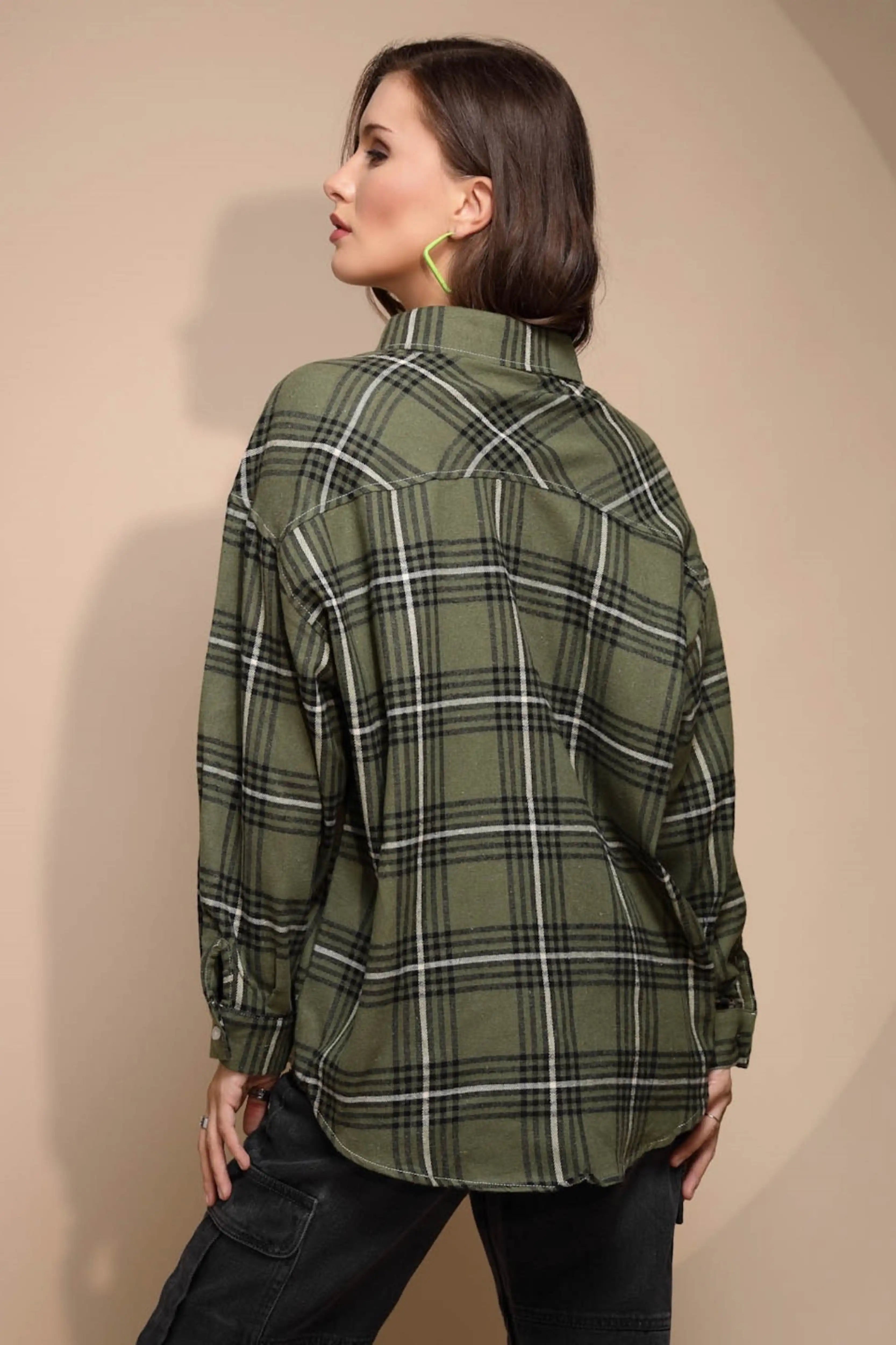 Green Check Loose Cotton Shirt