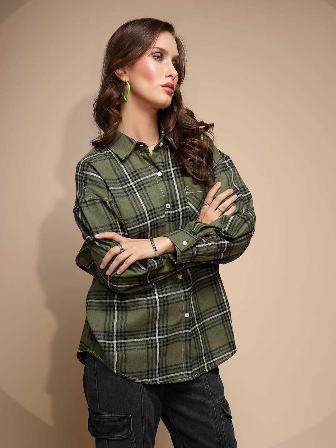 Green Check Loose Cotton Shirt
