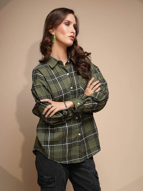 Green Check Loose Cotton Shirt