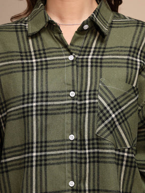 Green Check Loose Cotton Shirt
