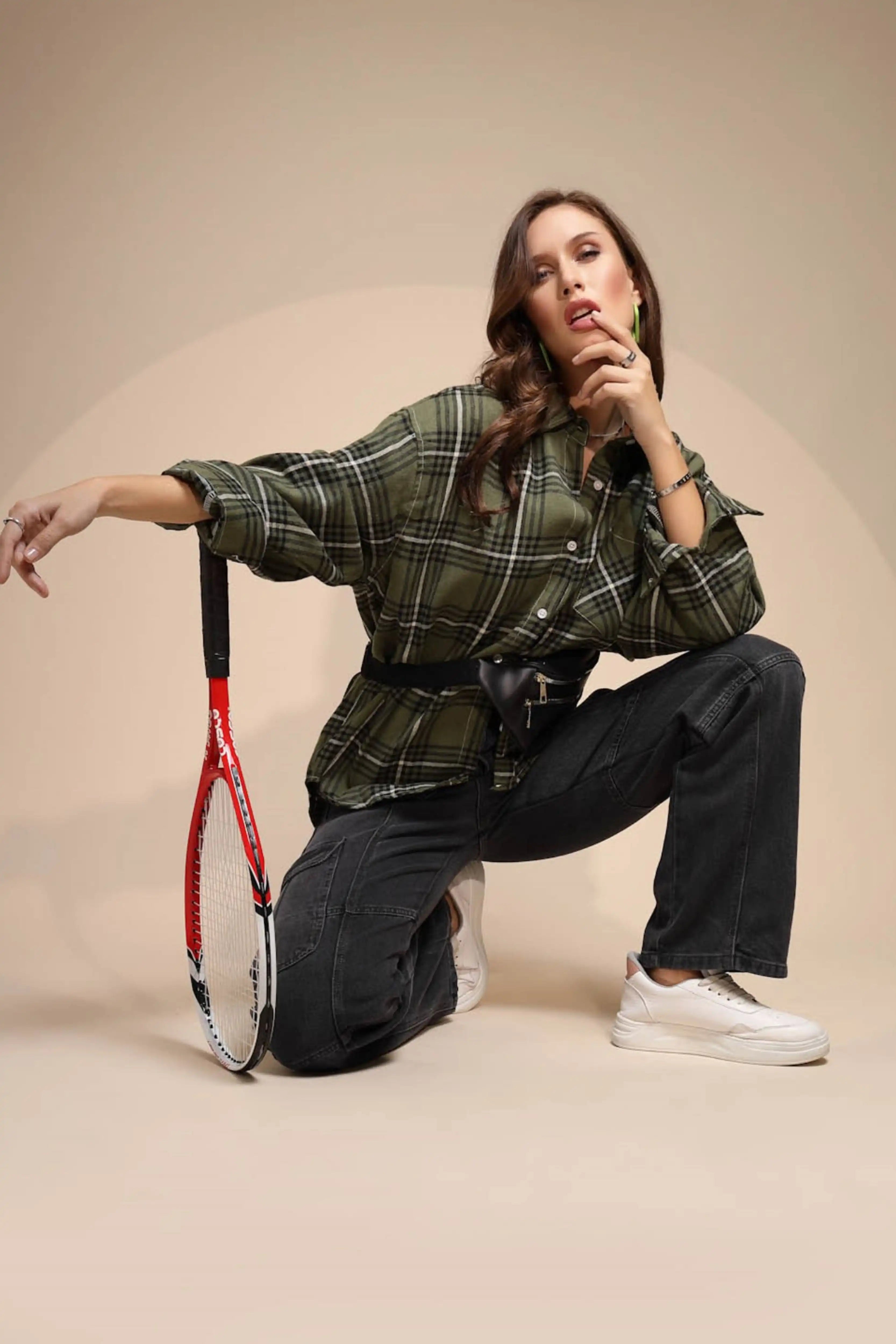 Green Check Loose Cotton Shirt