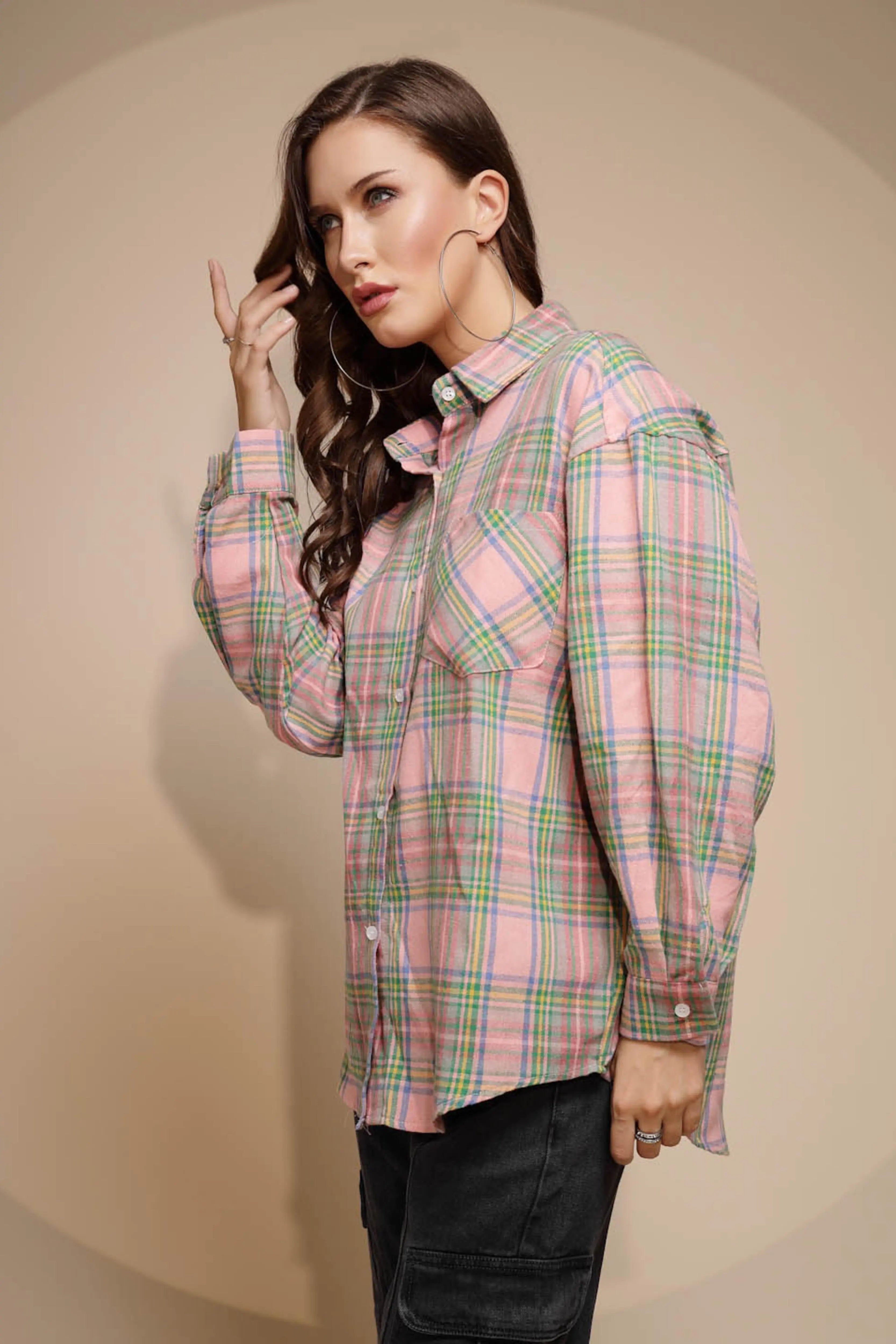 Pink Solid Collared Neck Cotton Check Shirt - Global Republic