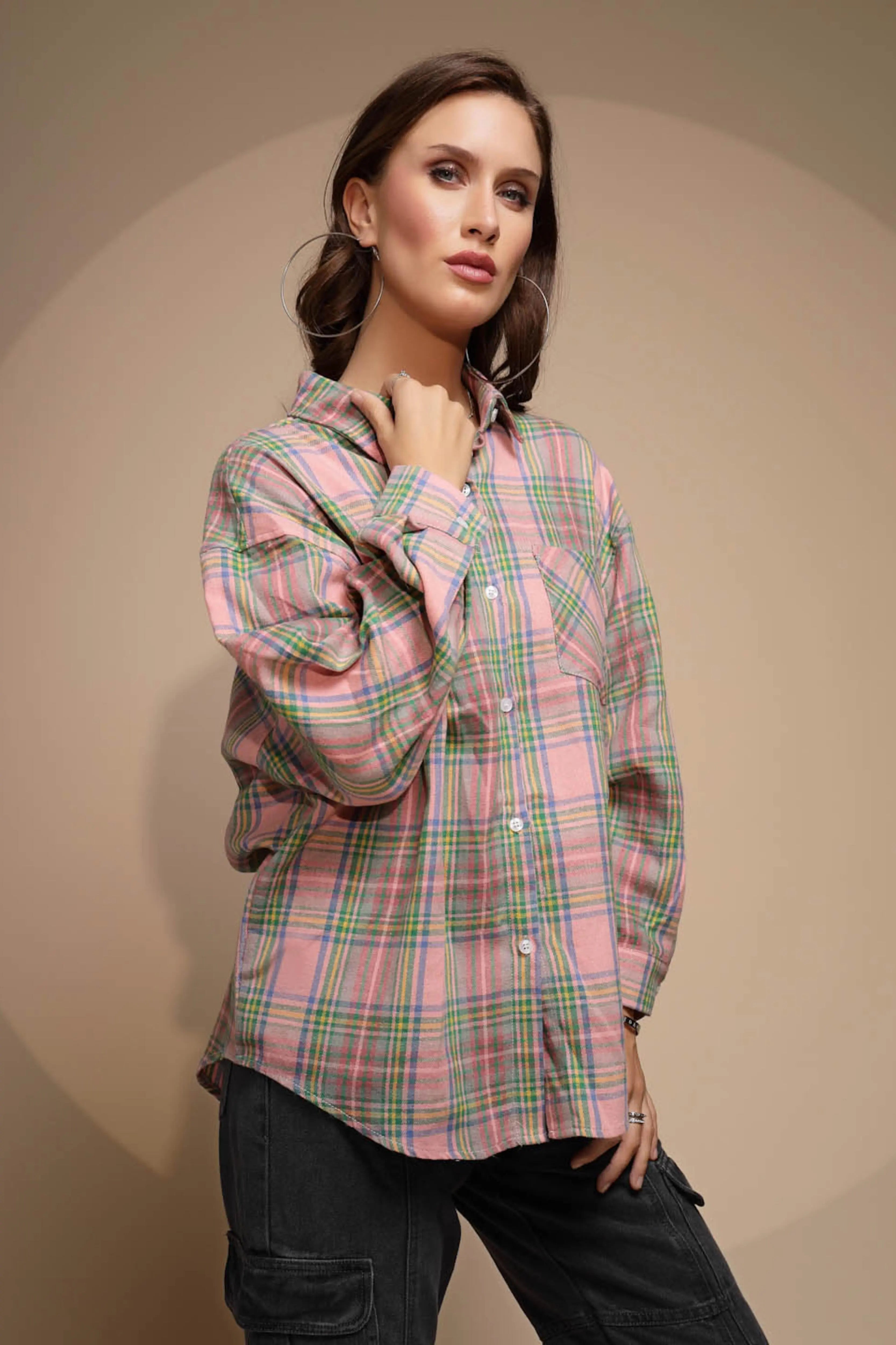 Pink Solid Collared Neck Cotton Check Shirt - Global Republic