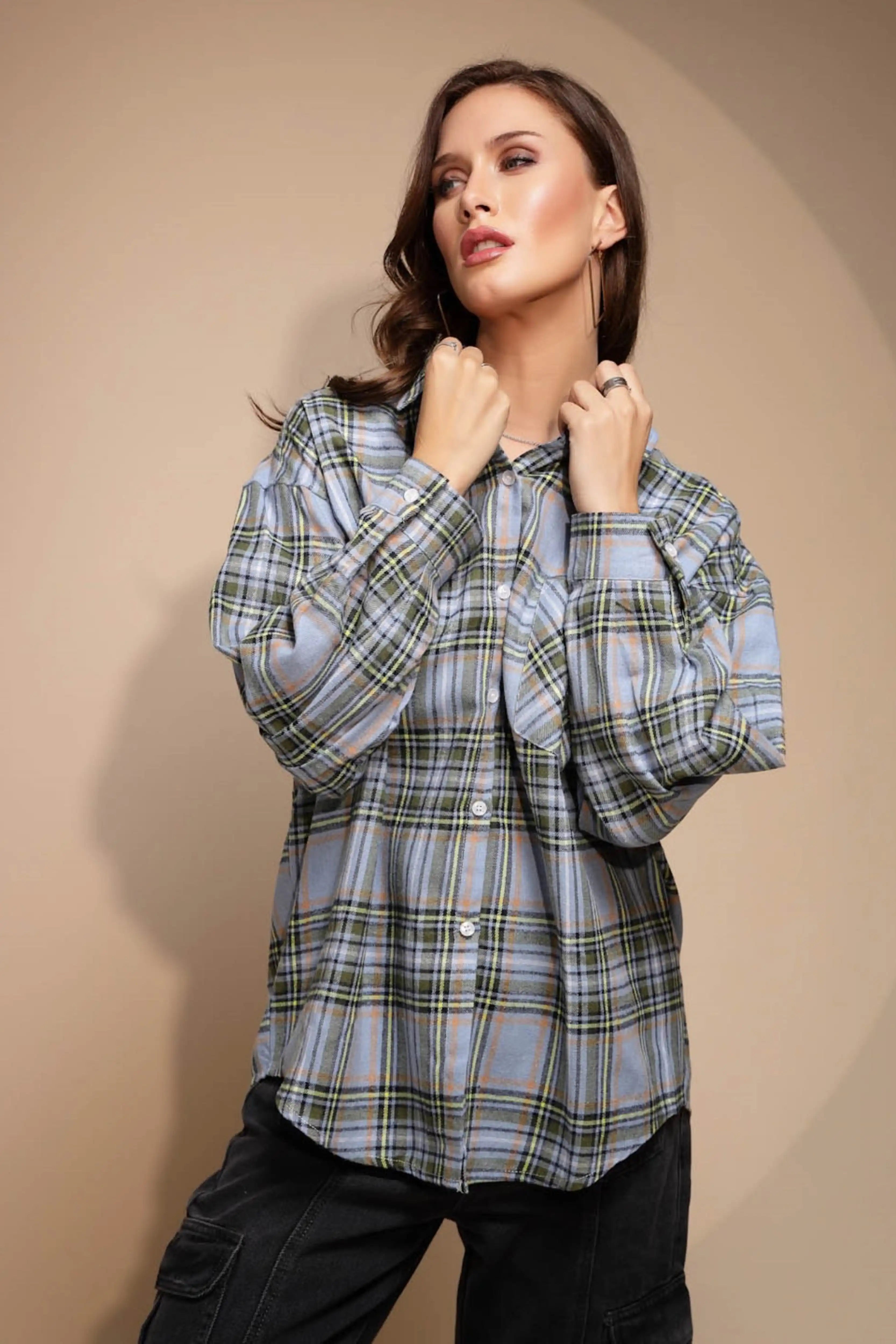 Blue Check Cotton Loose Shirt