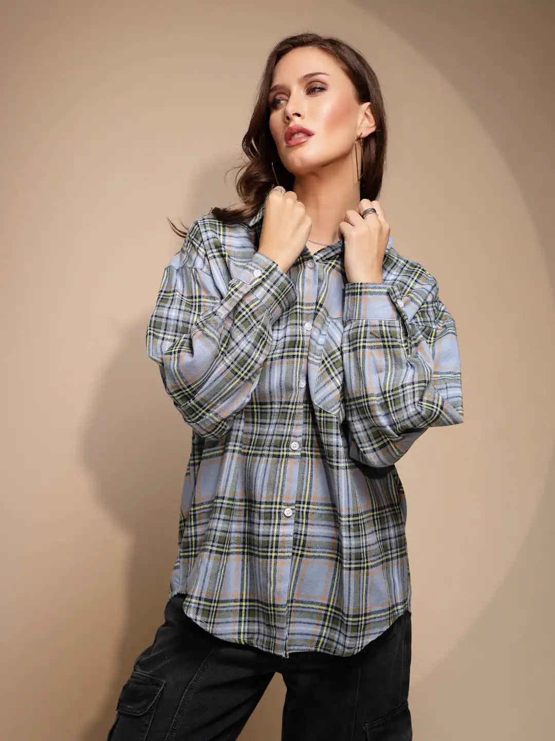 Blue Solid Collared Neck Cotton Check Shirt