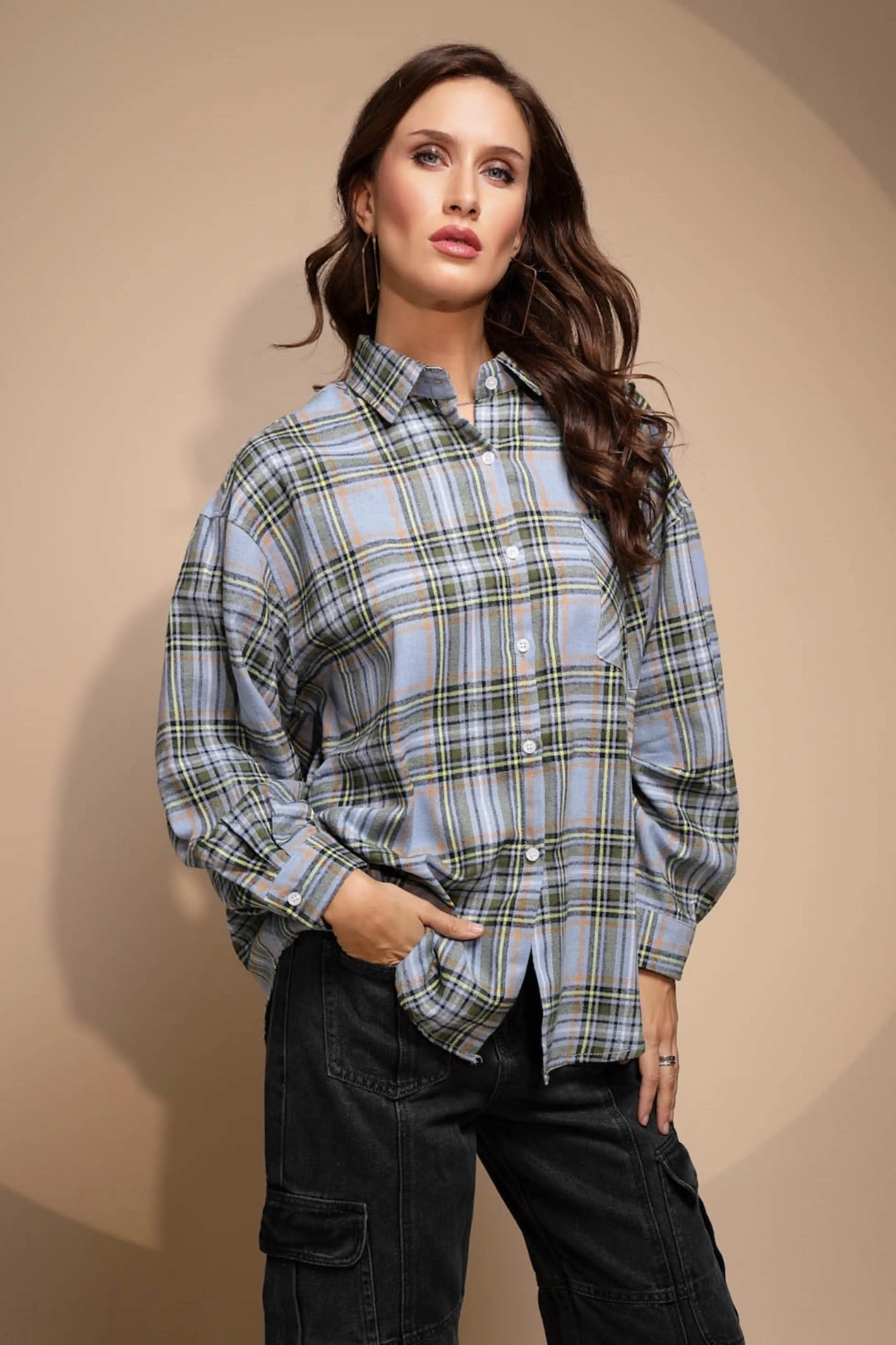 Blue Check Cotton Loose Shirt