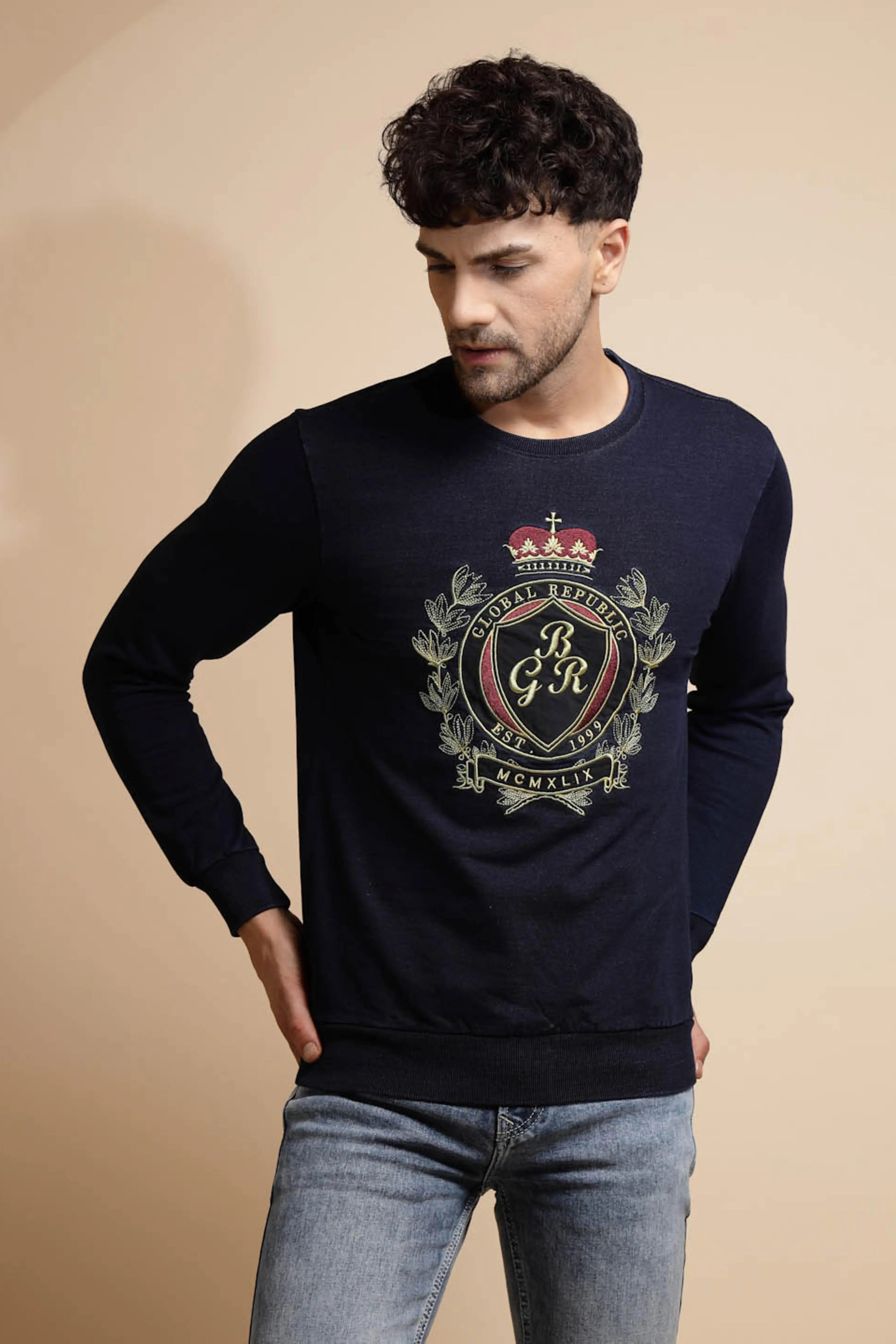 Dark Blue Solid Hosiery Sweatshirt - Global Republic