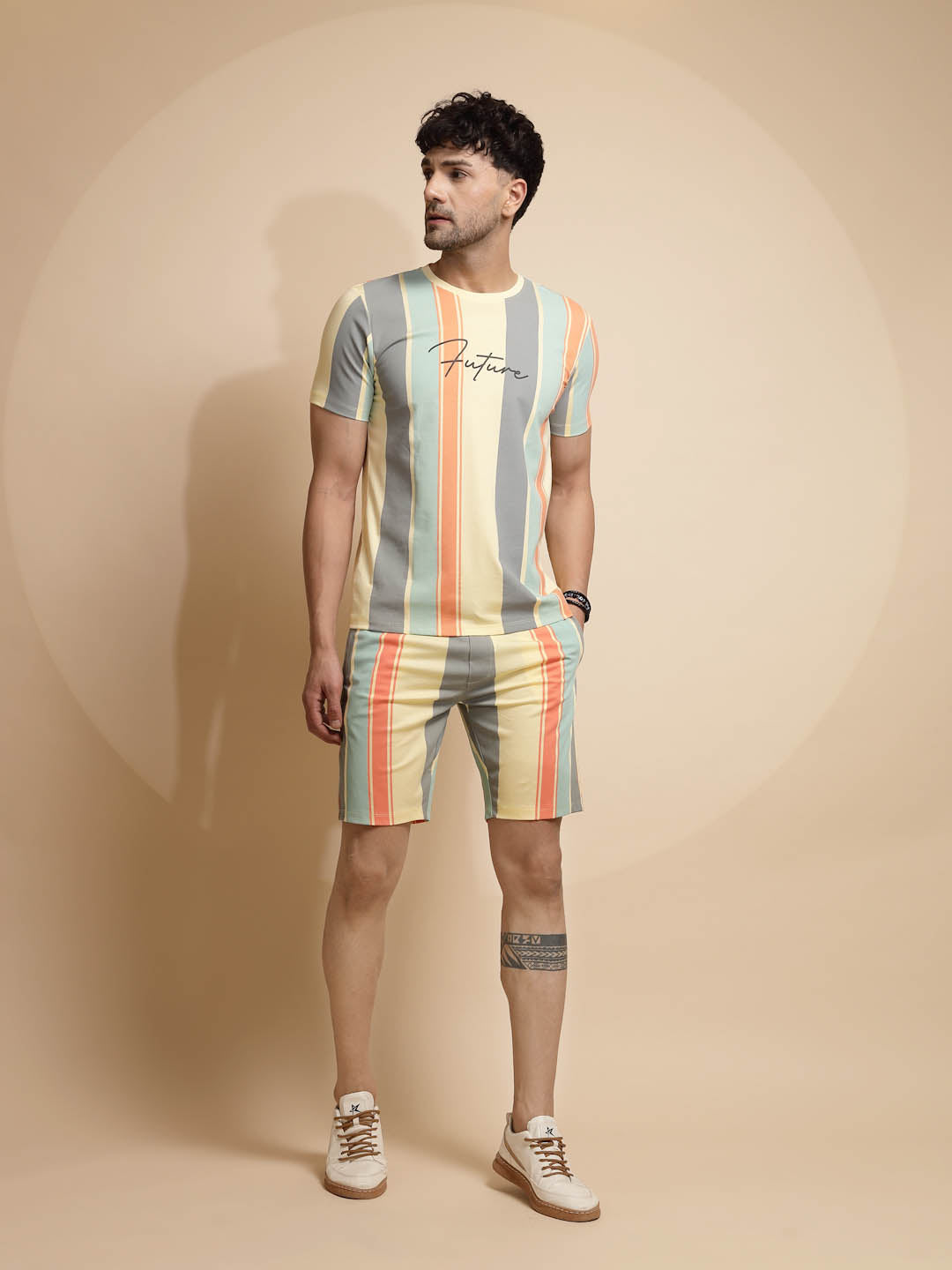 Multicolor Striped Print Half Sleeve Round Neck Short Sets - Global Republic
