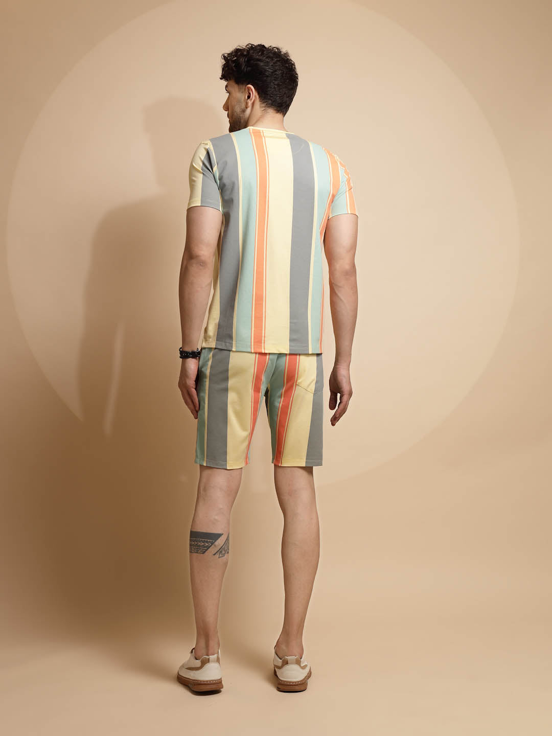 Multicolor Striped Print Half Sleeve Round Neck Short Sets - Global Republic
