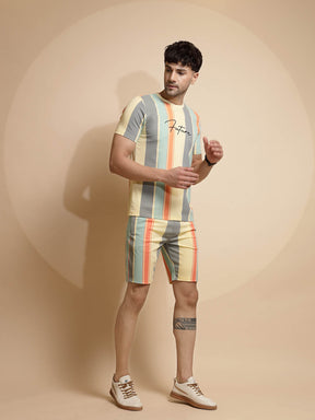 Multicolor Striped Print Half Sleeve Round Neck Short Sets