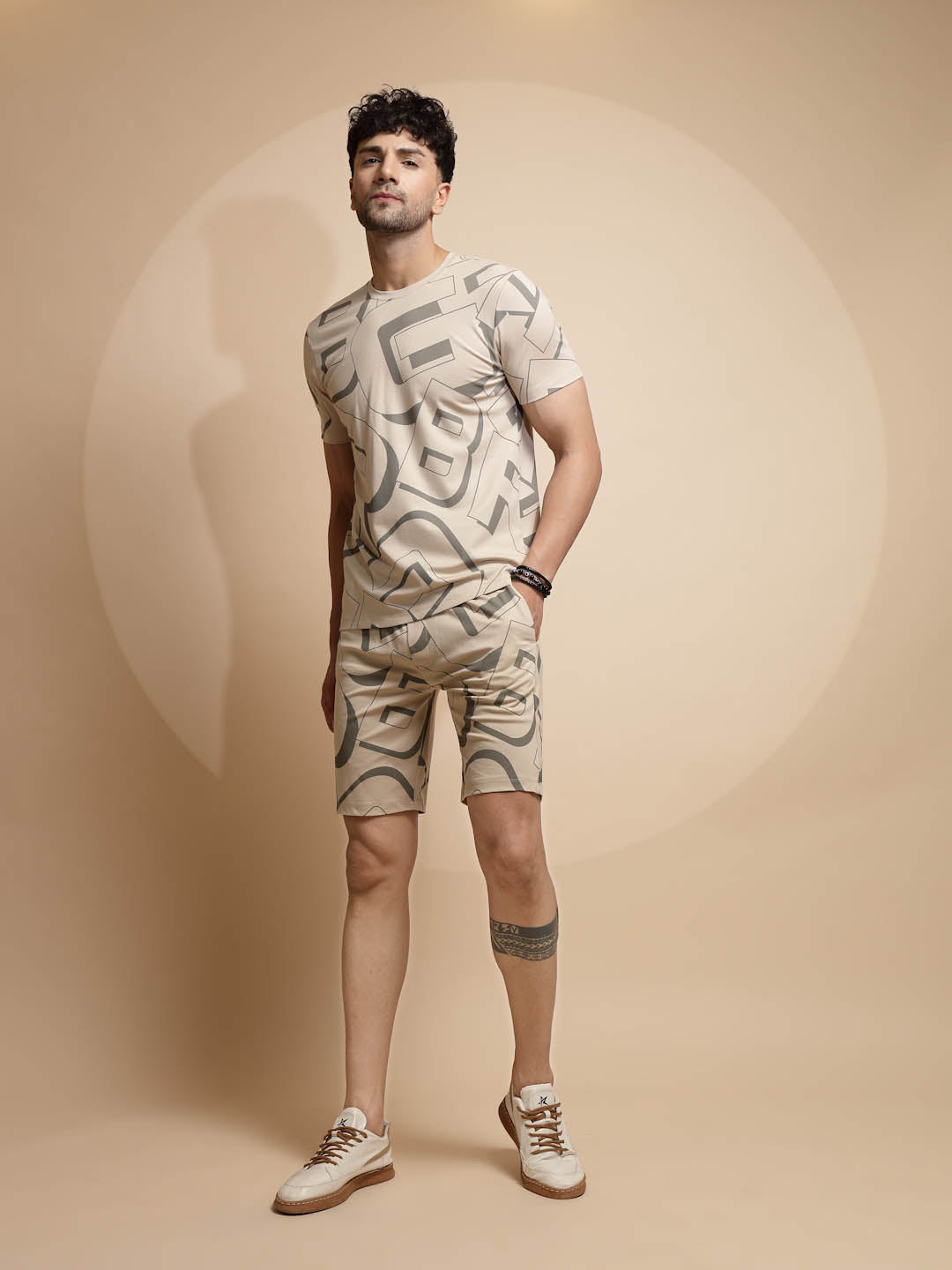 Beige Printed Half Sleeve ester Short Sets - Global Republic