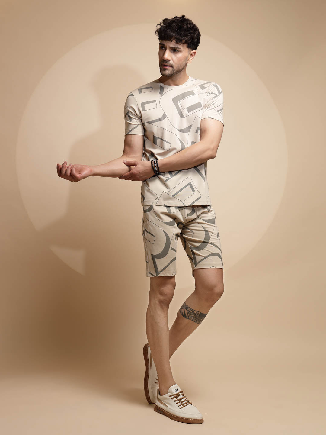 Beige Printed Half Sleeve ester Short Sets - Global Republic
