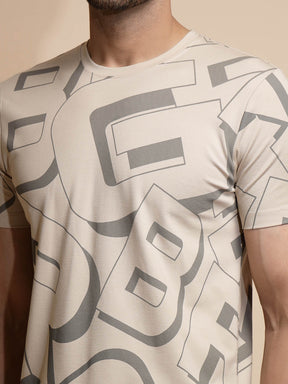Beige Printed Half Sleeve Polyester Short Sets