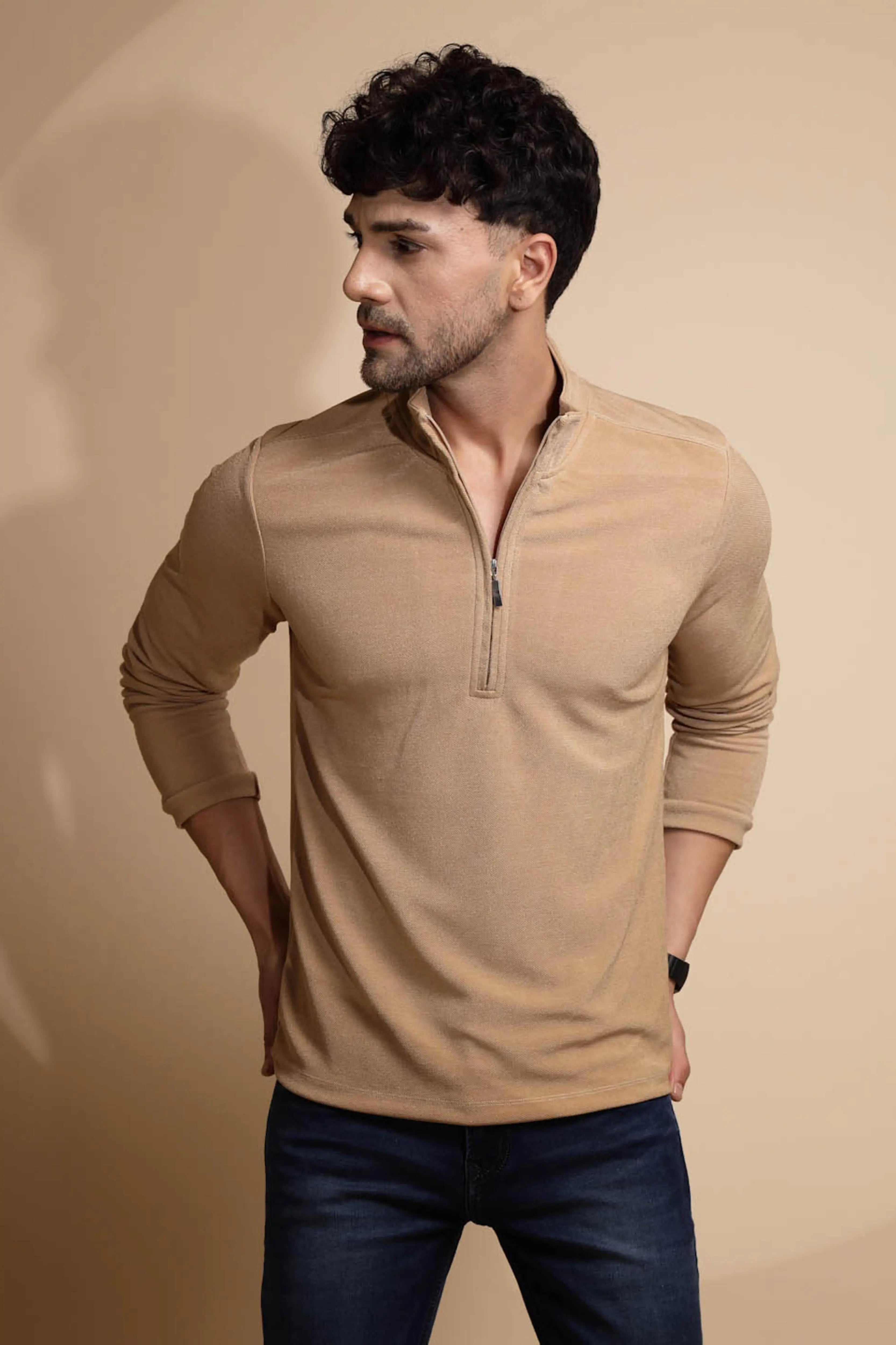 Beige Solid ester T-Shirt - Global Republic