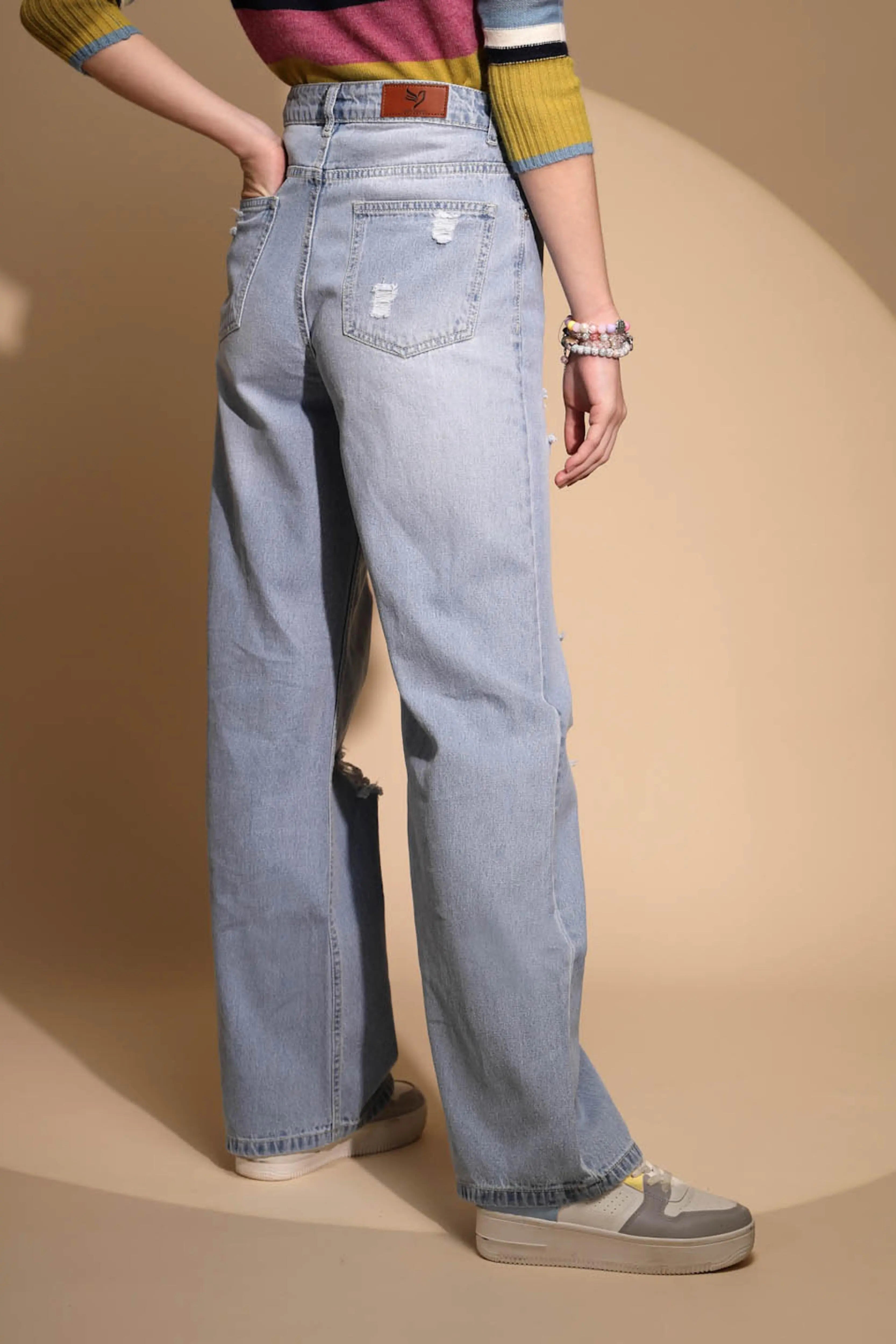 Blue Denim Mid Rise Distressed Jeans - Global Republic
