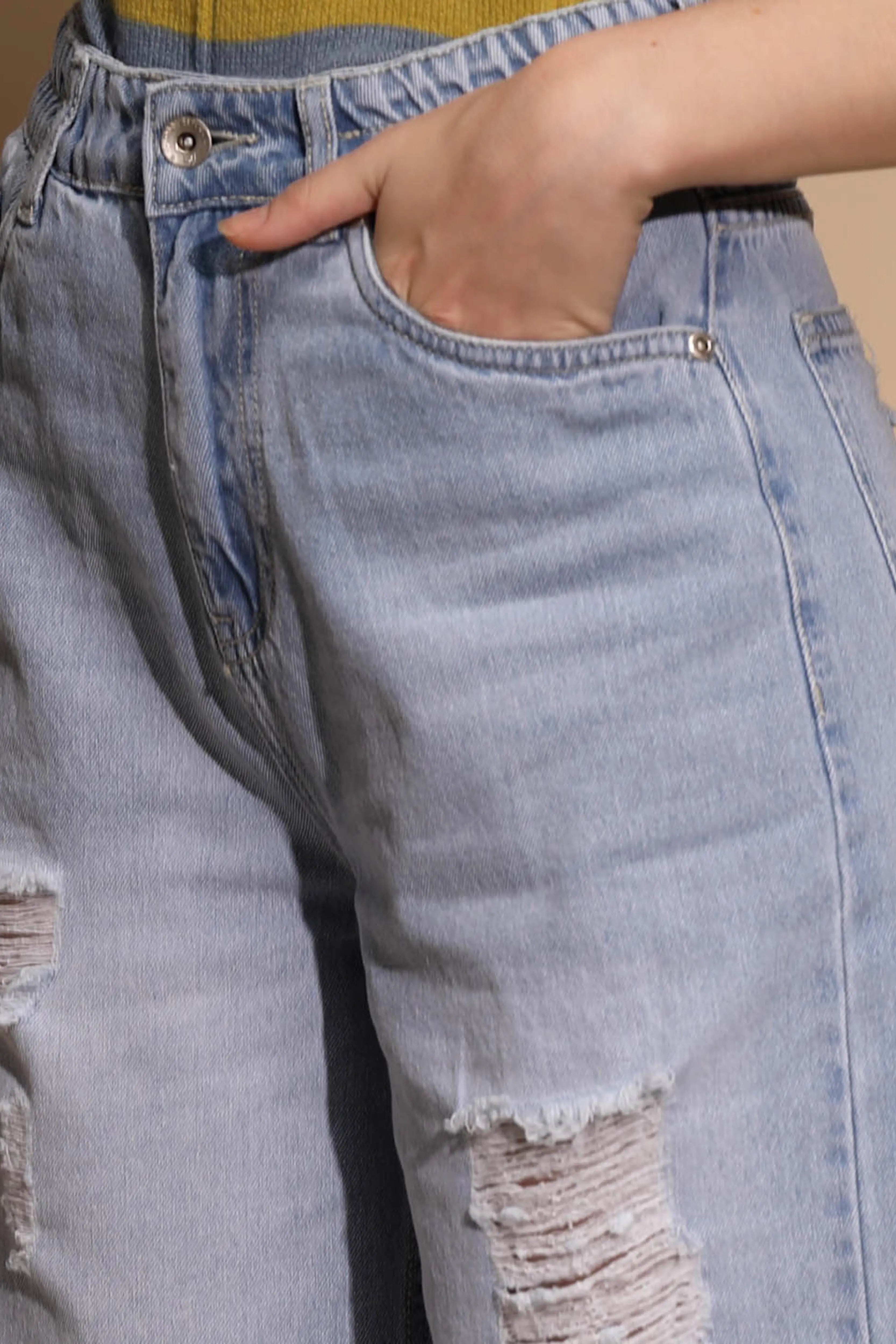 Blue Denim Mid Rise Distressed Jeans - Global Republic