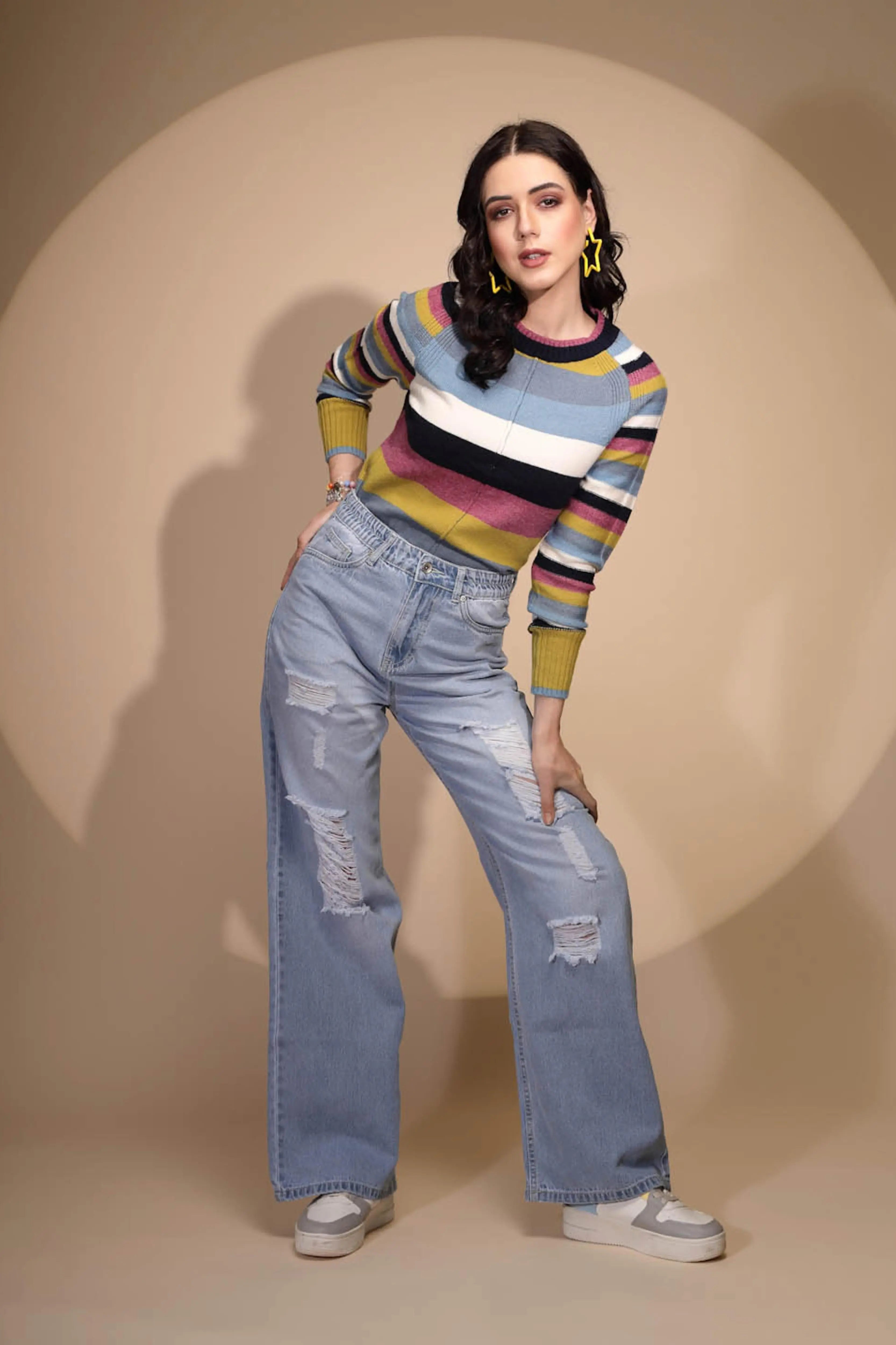 Blue Denim Mid Rise Distressed Jeans - Global Republic