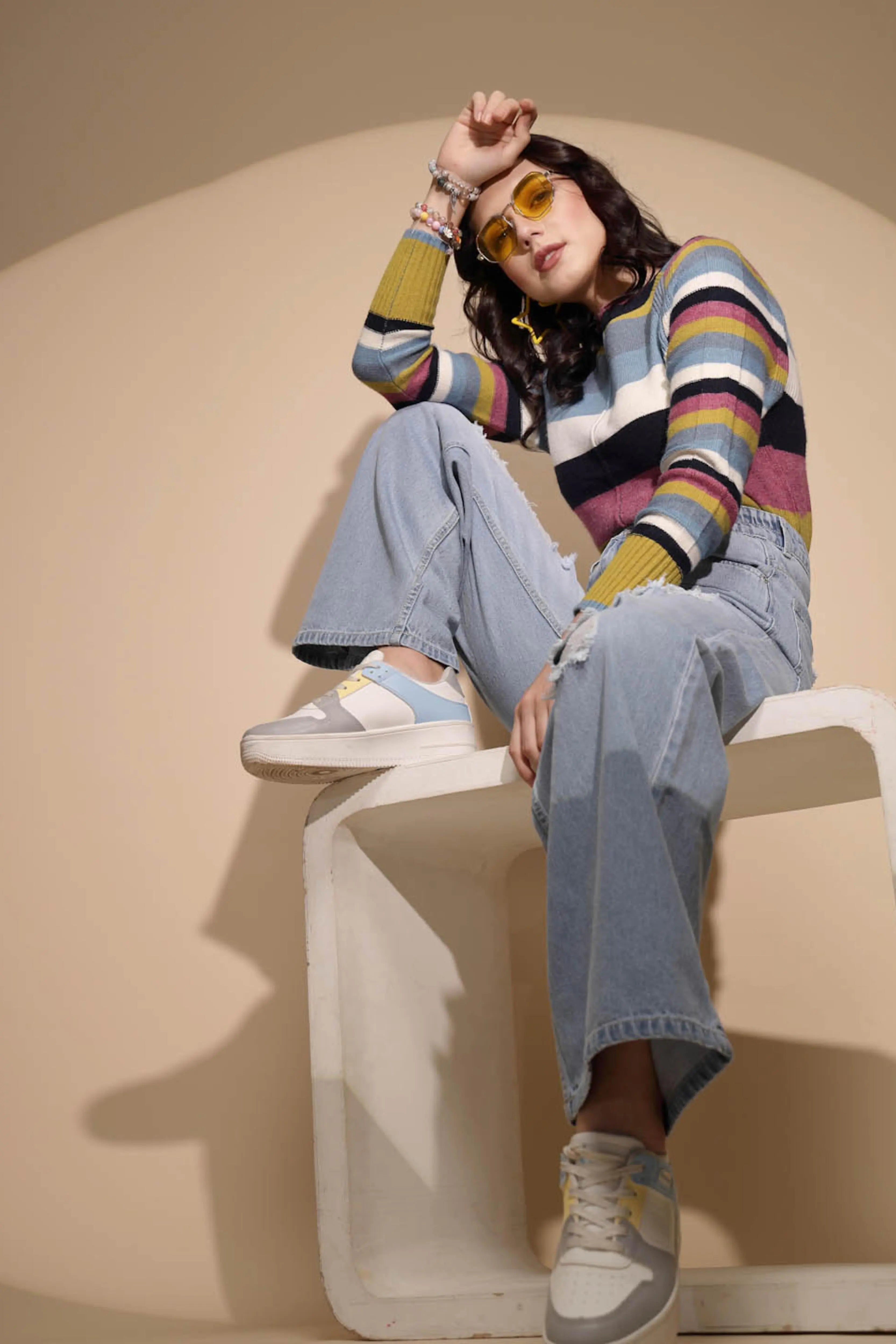 Blue Denim Mid Rise Distressed Jeans - Global Republic