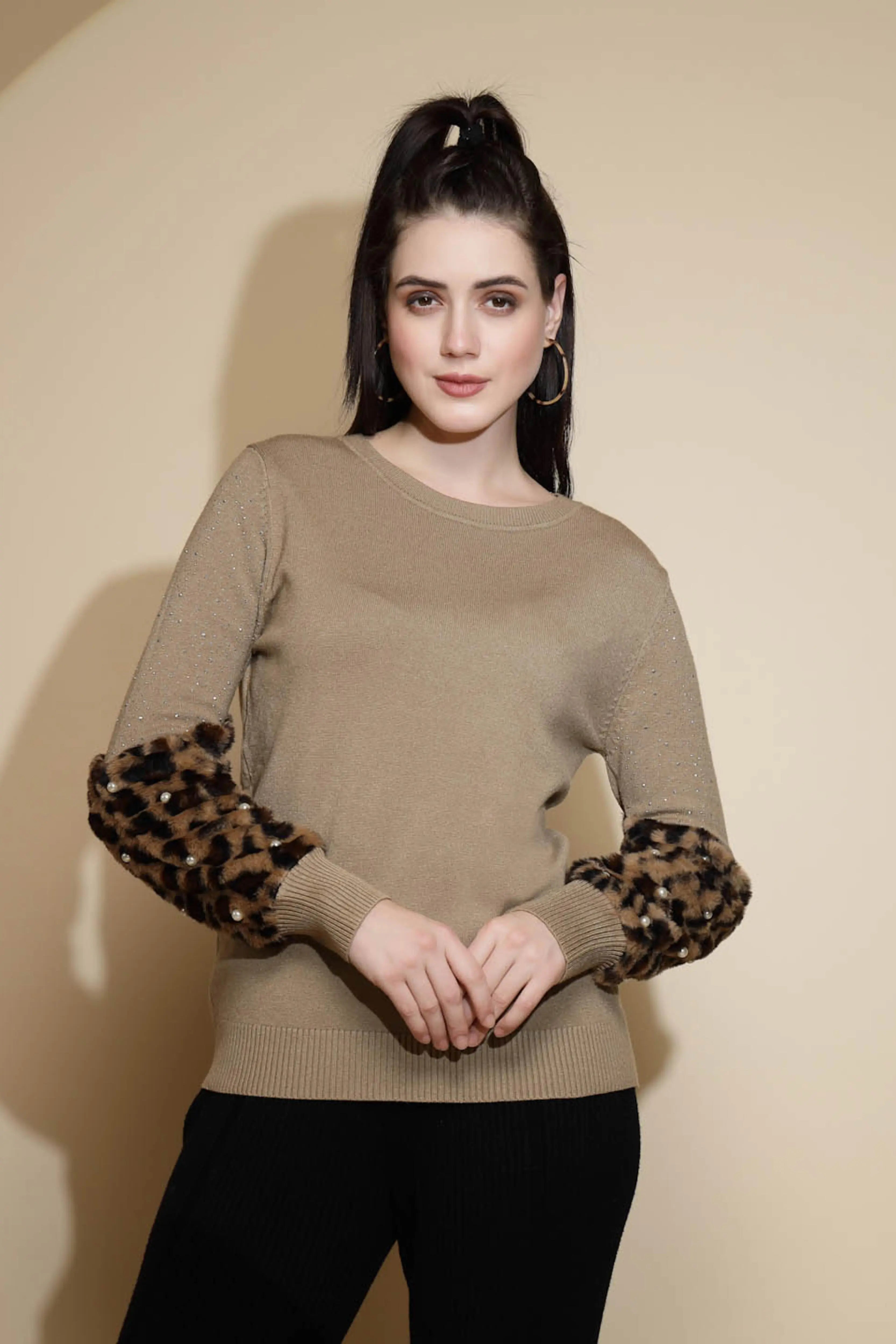 Brown Embellished Full Sleeve Round Neck Acrylic Pullover Sweater - Global Republic
