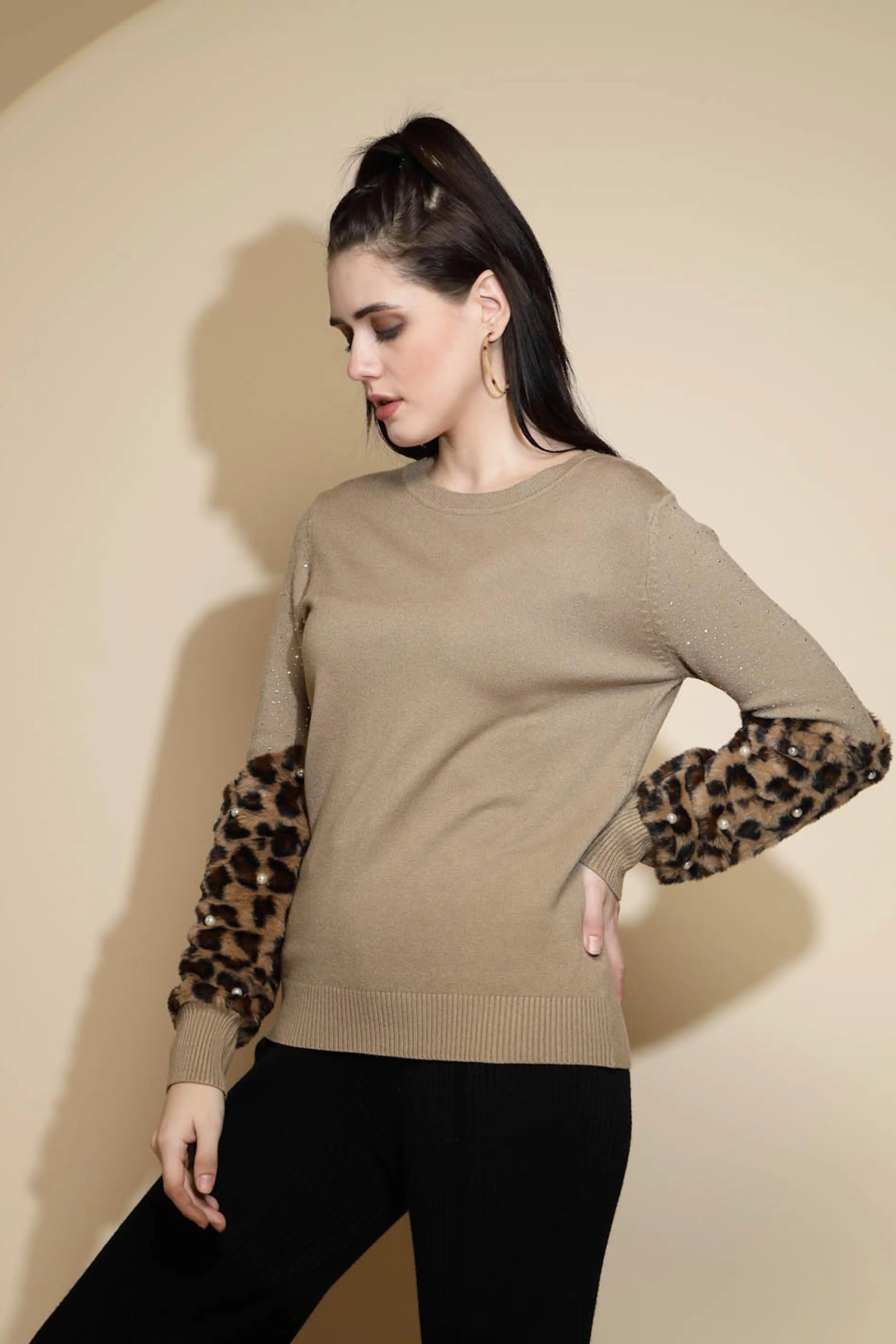 Brown Embellished Full Sleeve Round Neck Acrylic Pullover Sweater - Global Republic