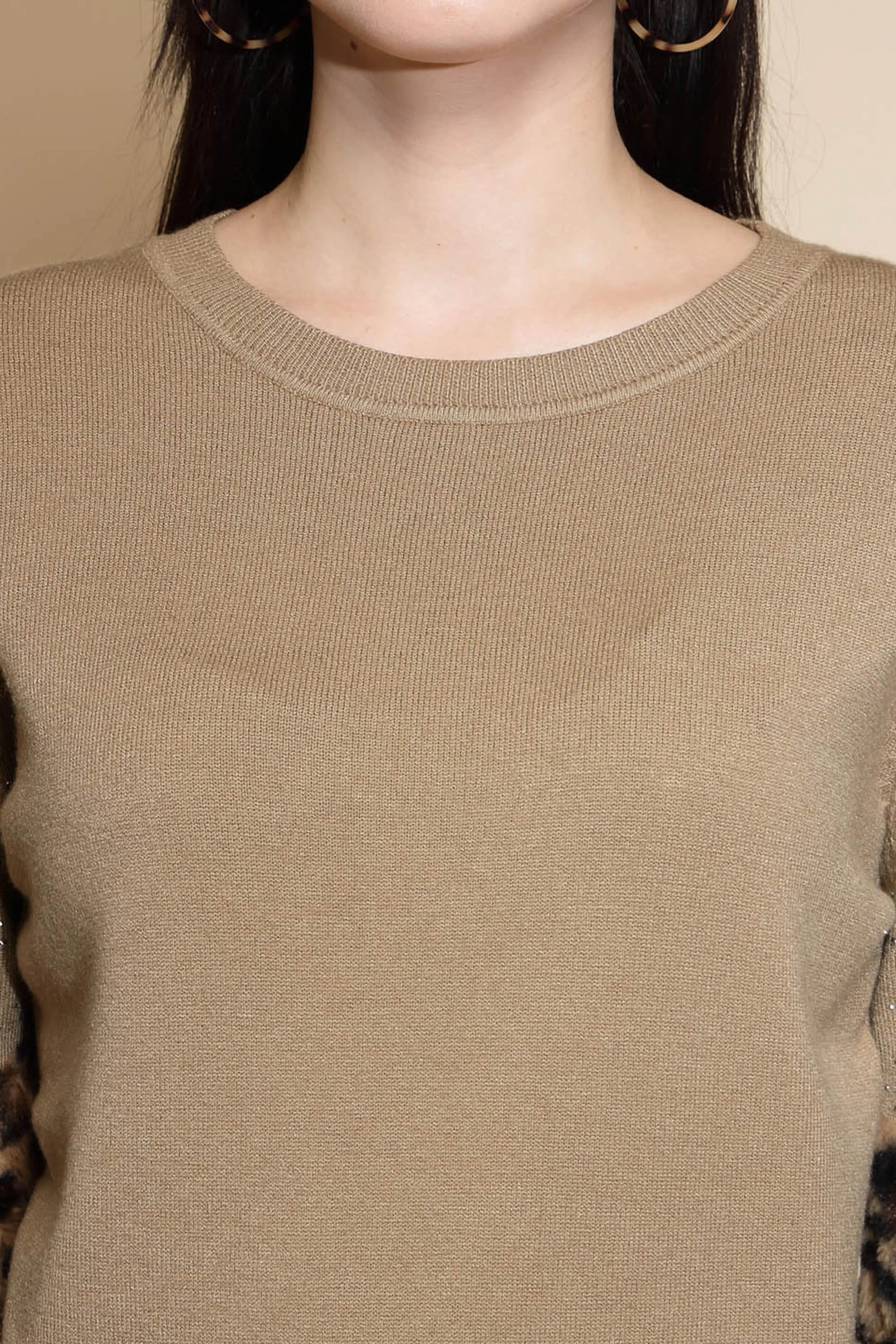 Brown Embellished Full Sleeve Round Neck Acrylic Pullover Sweater - Global Republic