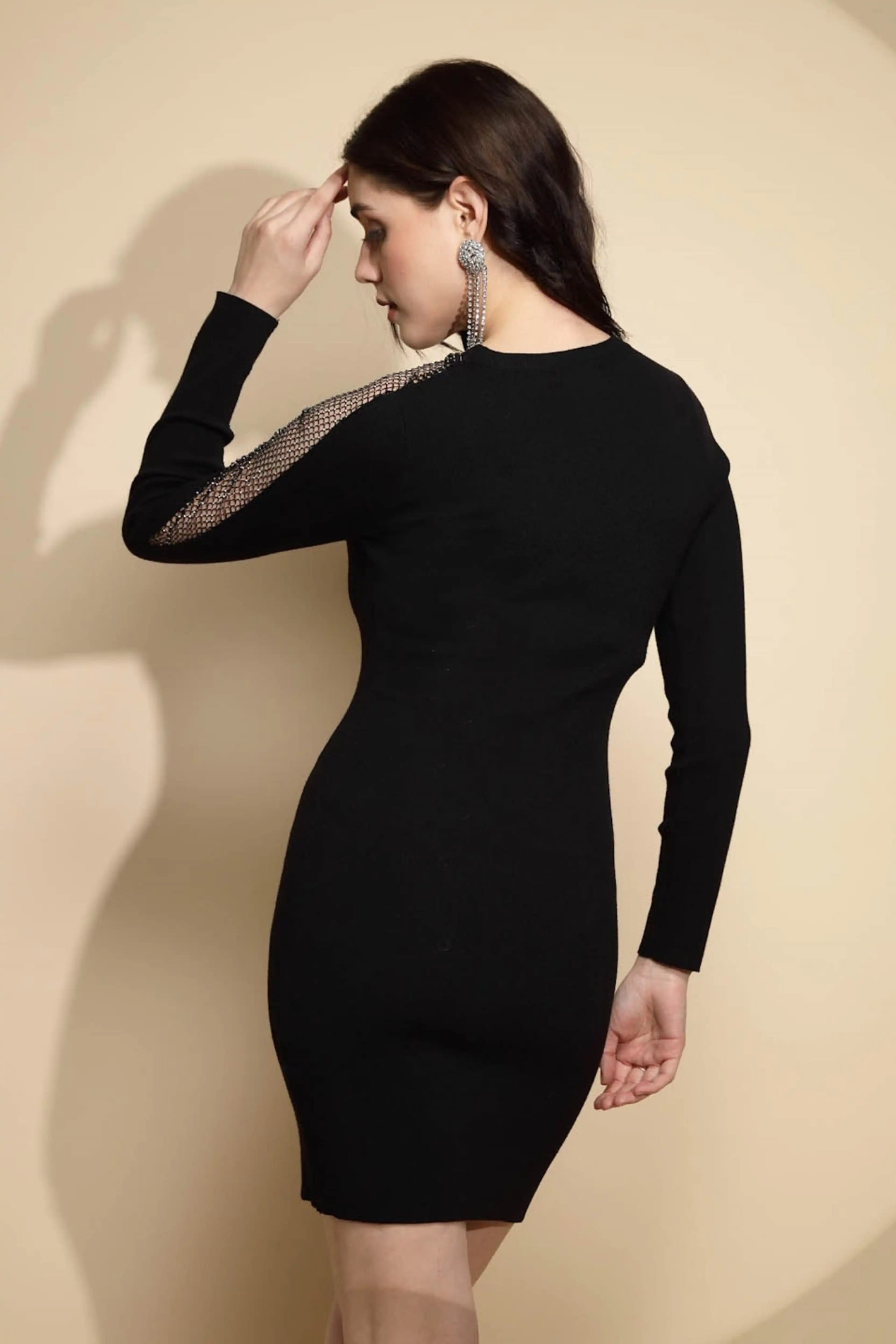 Black Embellished Viscose Winter Dress